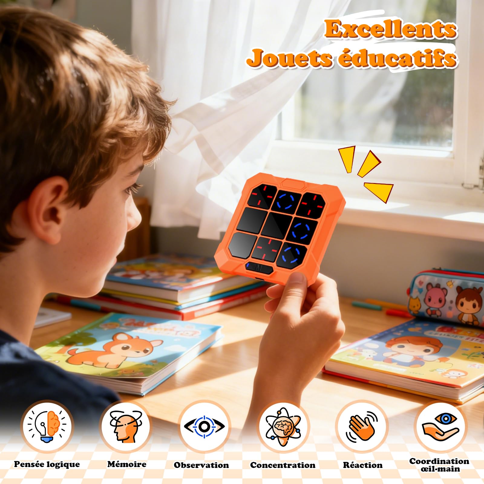 BlueSwan Morpion Électronique 6‑en‑1 Console de Jeu Portable Rechargeable avec Mode Silencieux Orange