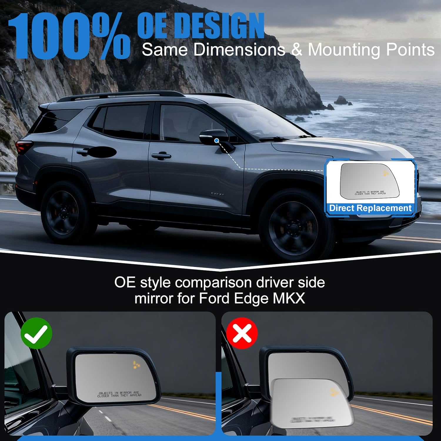 Passenger Side Mirror Glass Compatible with Ford Edge 2011-2014 & Lincoln MKX 2011-2015, Side Mirror with Heated & Blind Spot Detection, Includes Backing Plate, Replaces OE BT4Z17K707A