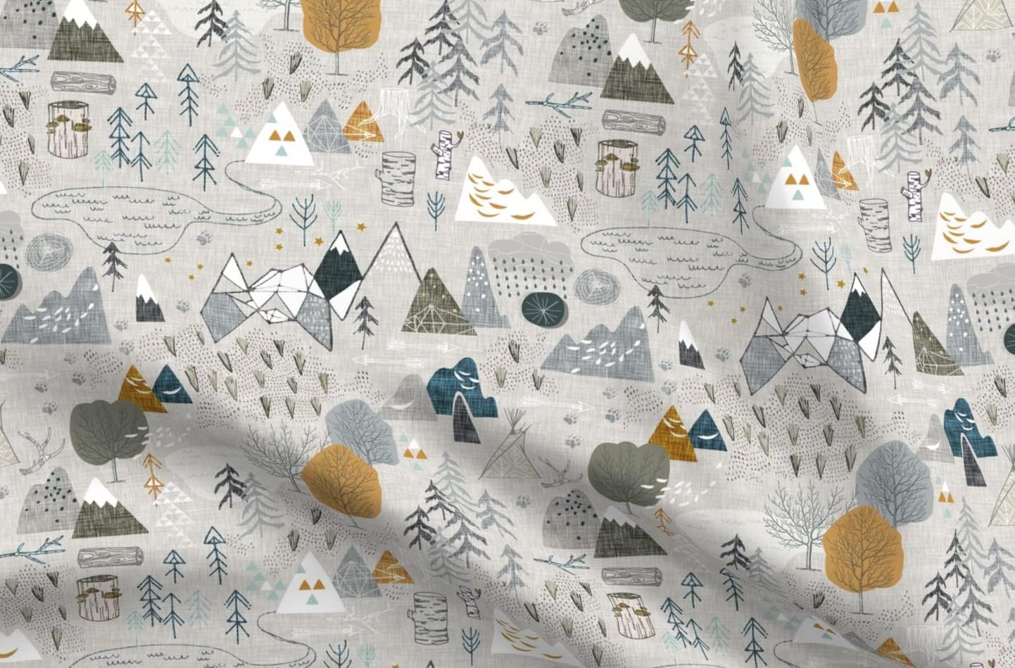 Spoonflower Fabric - Woodland Forest Woods Wilderness Adventure Explore Gray Mustard Blue Printed on Polartec(R) Fleece Fabric by The Yard - Sewing Blankets Loungewear and No-Sew