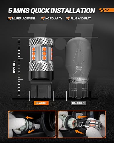 Miniatura 6 de SEALIGHT Bombillas LED 7443 7440 W21W 7440NA, bombilla amarilla ámbar de 2700 K con lentes de proyector de repuesto para luces intermitentes