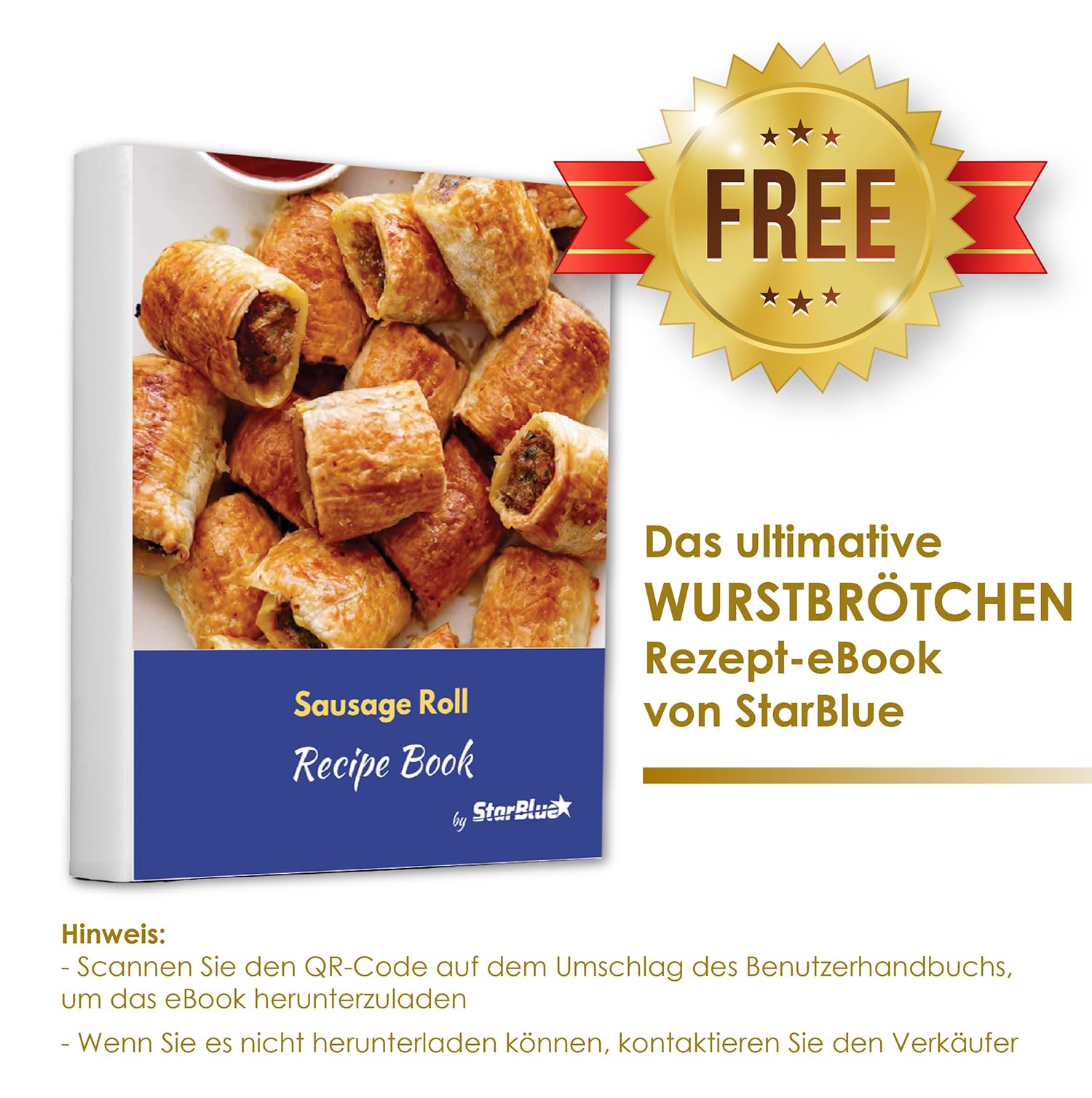 Wurstrollenformer von StarBlue mit GRATIS Rezept-eBook – Machen Sie 4 schnelle und leckere Frühstückswurstbrötchen und Snacks in Minuten, 220-240 V, 50/60 Hz, 850 W UK Stecker mit EU Adapter