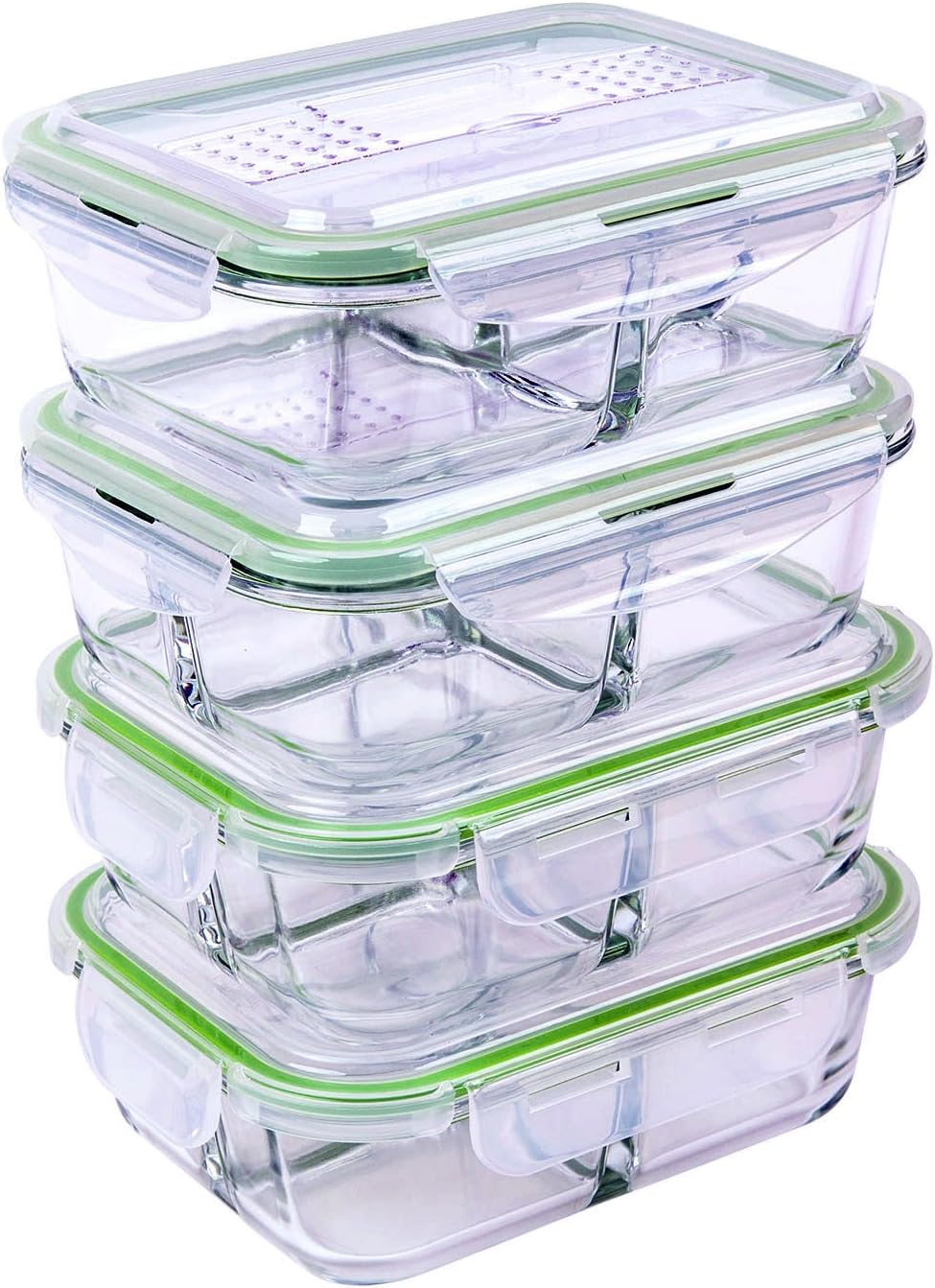 [4 PACK] Zenware Freshsav Series 35.5 oz Compartmentalized Glass Meal Prep Food Storage Containers Set Airtight locking Lids | Microwave, Freezer, Oven & Dishwasher Safe