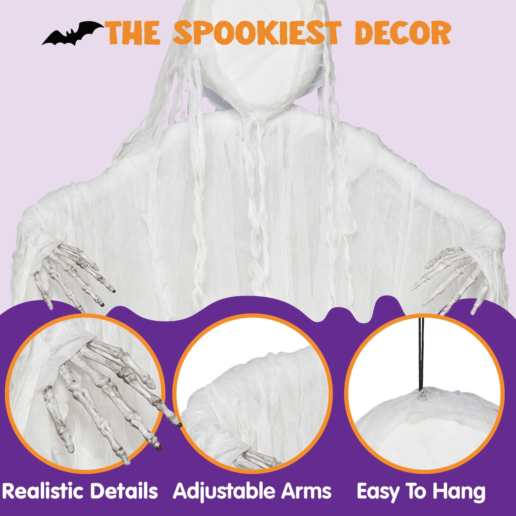 JOYIN Wiszący ponury żniwiarz 160 cm, duch bez twarzy w kolorze białym na Halloween, dekoracje wewnętrzne/zewnętrzne, dekoracja nawiedzonego domu, trawnik, wiszące dekoracje na podwórko