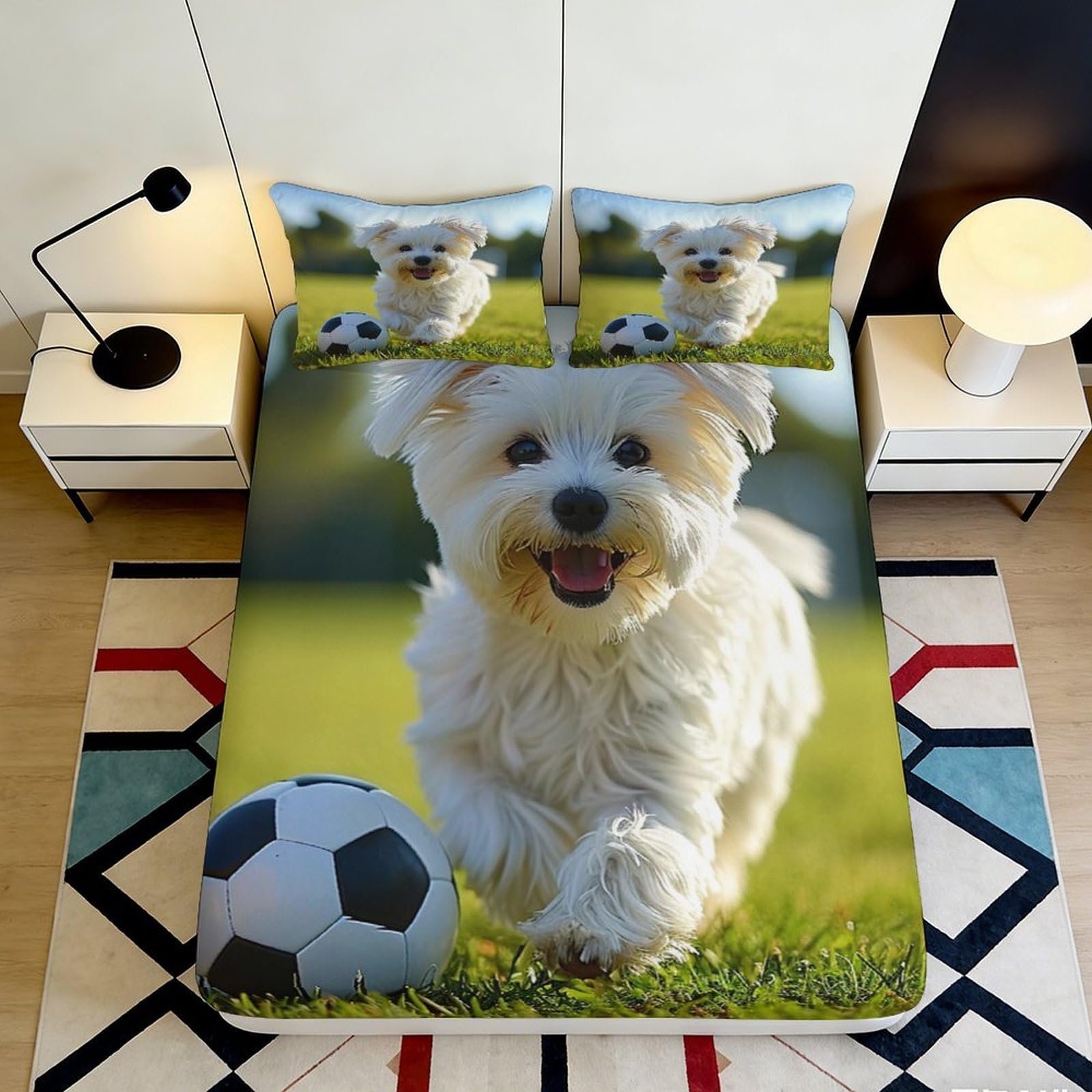 3D Printed Playful Puppy Fitted Sheet Microfiber Soccer Ball Bed Cover for Bedroom Guest Room Decor Easy Care 90x200x25cm