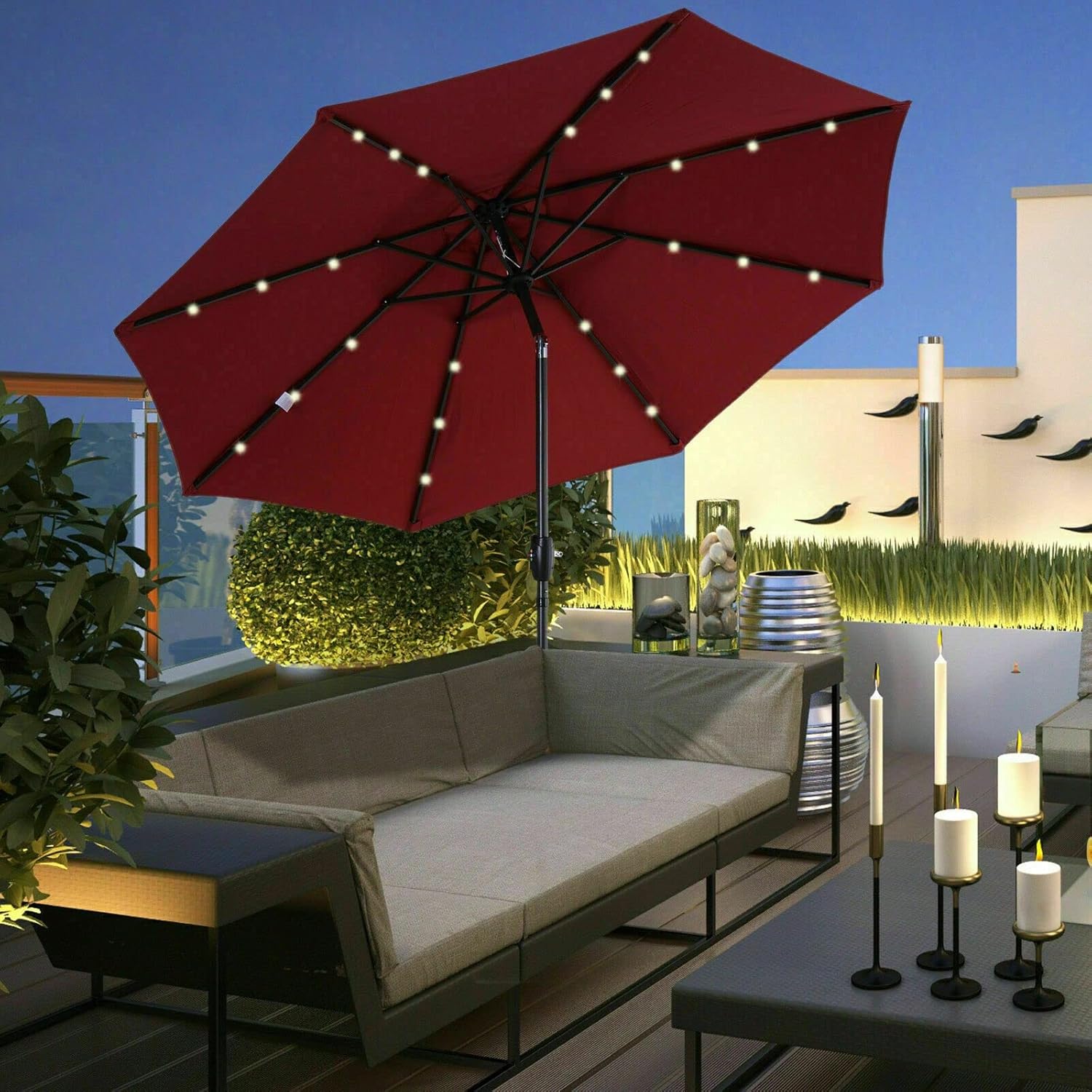 LED Solar Outdoor Parasol Garden Patio Tilt Crank Sun Shade Umbrella Patio Umbrella, Large