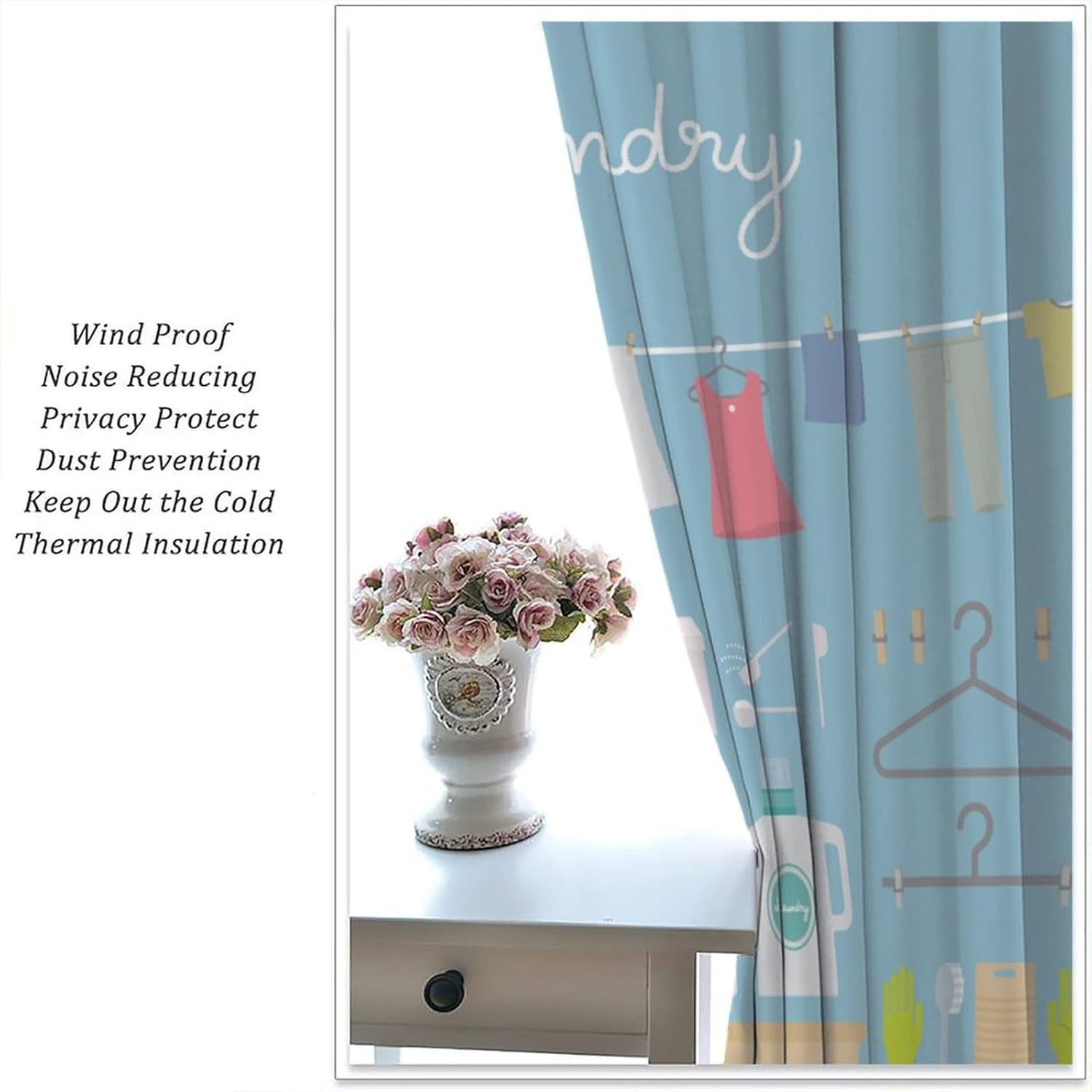 Laundry Room Curtain Wash Dry Fold Repeat Pattern Blackout Print Rod Pocket Window Drapes for Laundry Kitchen Bedroom Living Room 42x54in