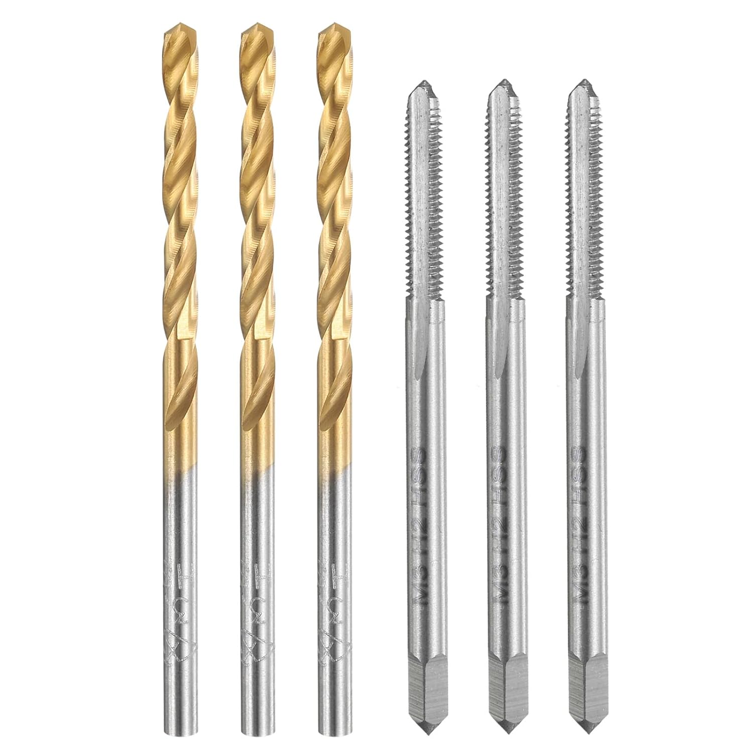 Tap and Drill Bit Set, 3pcs M3 x 0.5 Metric Straight Flute Thread Screw Taps & 3pcs 3mm Twist Drill Bits, Uncoated/Titanium Coated HSS-6542 Tapping Threading Tool Kit
