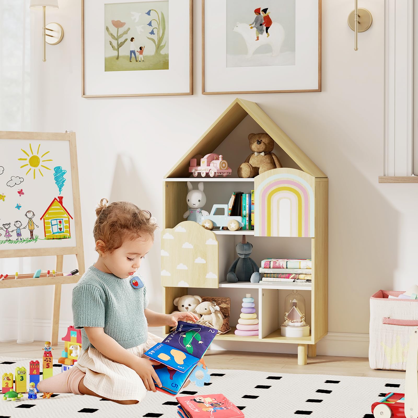 FANTASK Montessori - Libreria in legno, per bambini, a forma di casa, con 2 ante e gambe in legno massiccio, a 4 livelli, per camera dei giochi, cameretta dei bambini e camera da letto (naturale)