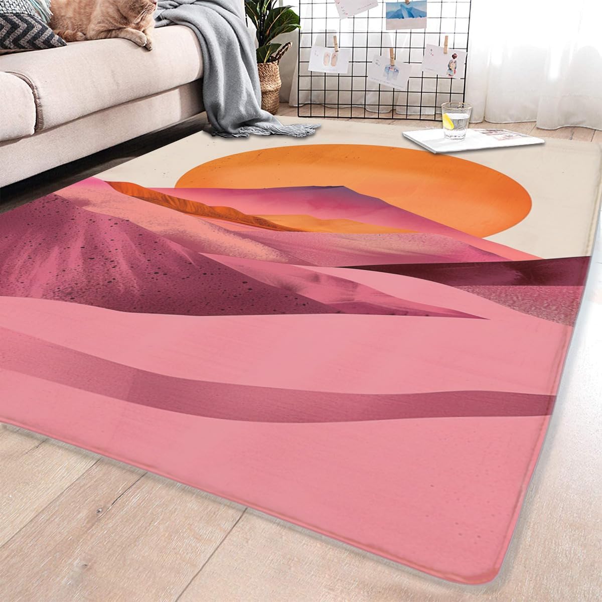 Area Washable Rugs Modern Abstract Bohemian Orange Sunset Pink Desert Dunes and Mountains Minimalist Vintage Rugs for Entry Bathroom Bedroom Kitchen Door mat Soft Rugs Non Slip Indoor 24x36inch