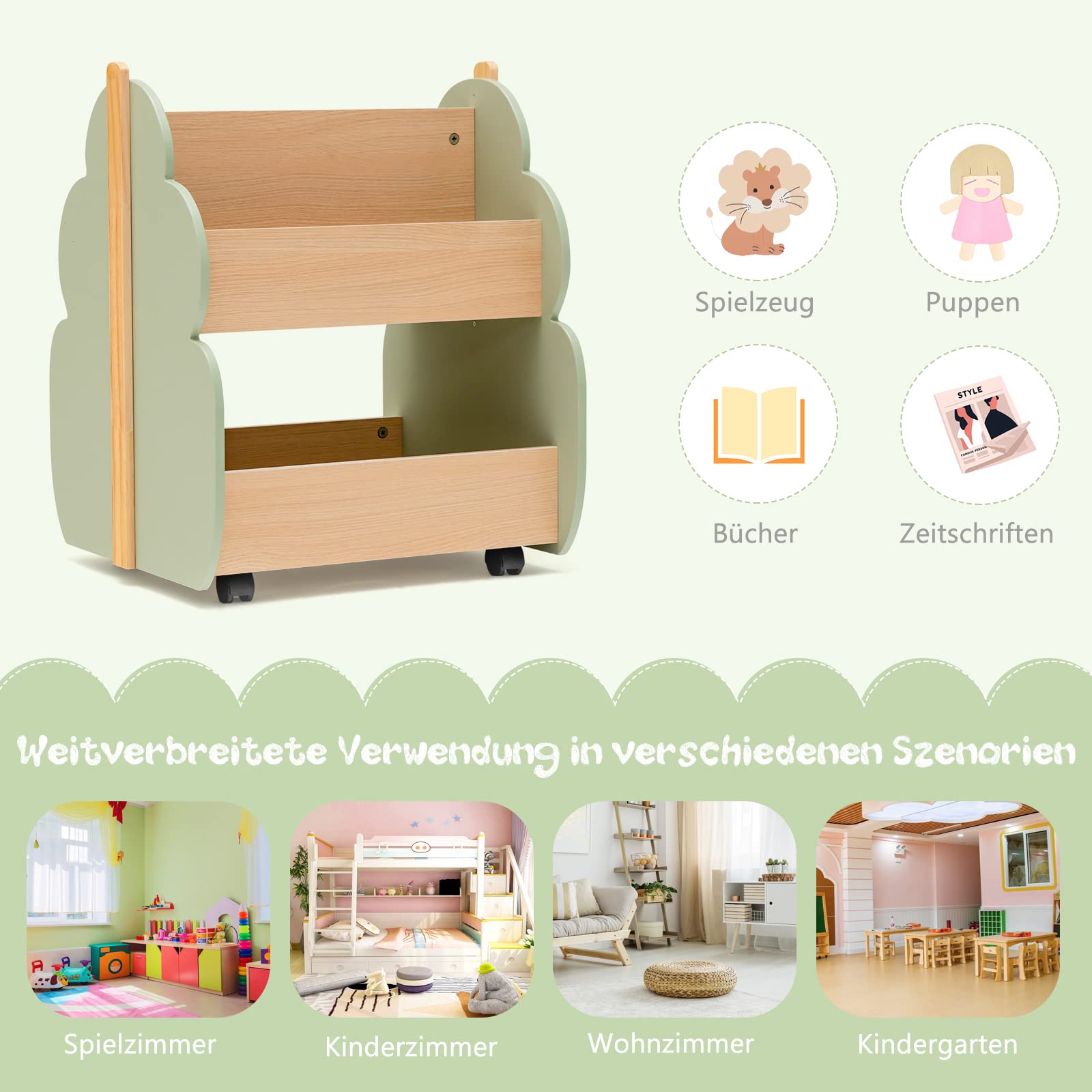 COSTWAY Kinder Bücherregal auf Rollen, 2 Ebenen Spielzeugregal aus Holz, 52 x 46 x 62,5 cm (Grün)