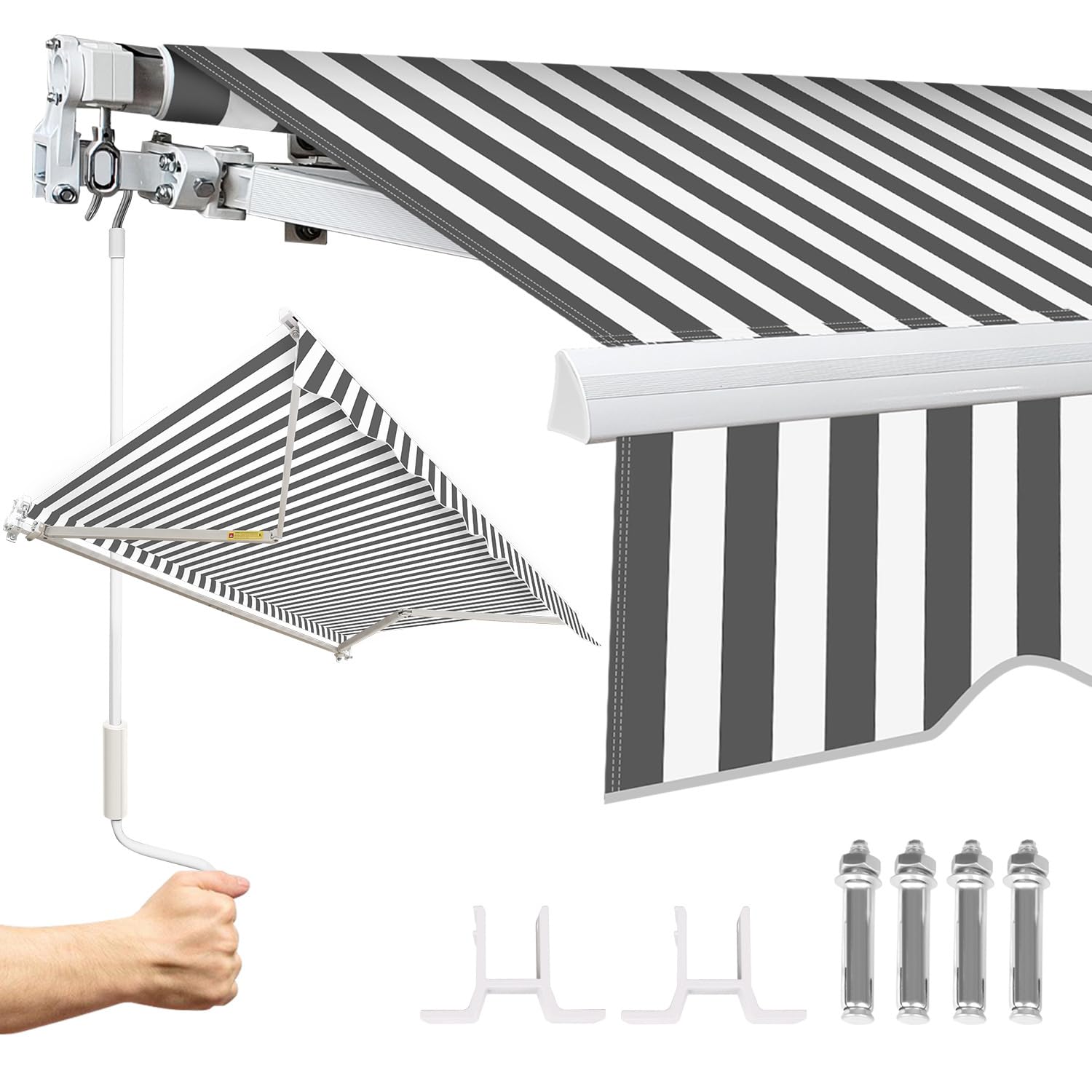 Store banne manuel à bras articulés, protection solaire avec manivelle, anti-UV et imperméable, en aluminium/polyester, pour balcon, terrasse, jardin, blanc/gris à rayures