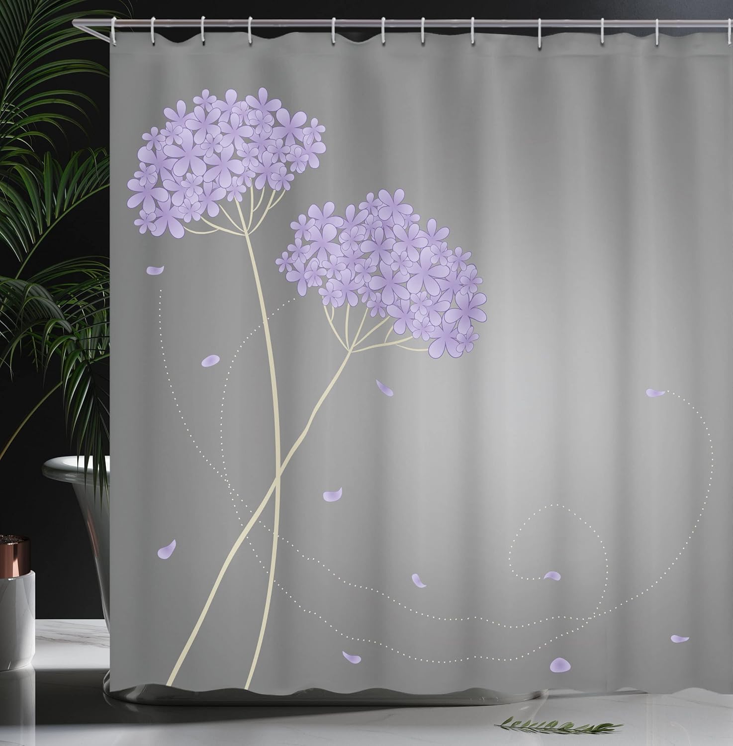 Ambesonne Allium Flower Shower Curtain, Floral Design with Swirl Lines Falling Leaves Autumn Inspired, Cloth Fabric Bathroom Decor Set with Hooks, 69" W x 70" L, Lavender Blue