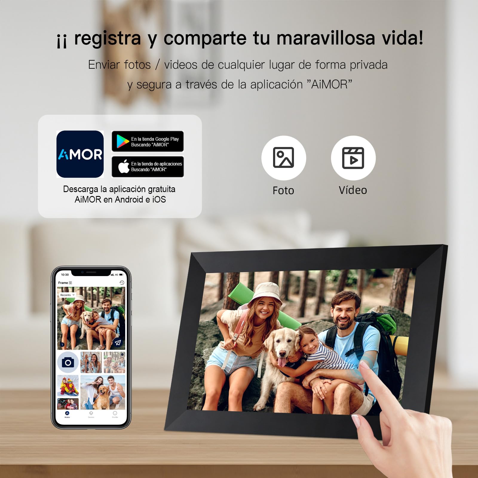 Humblestead Cadre Photo numérique 10,1 Pouces WiFi, IPS Écran Tactile Le Cloud Intelligent Cadre Photo 32gb, Partagez Vos Photos ou vidéos Via l’app AiMOR, Rotation Automatique, Montage Mural