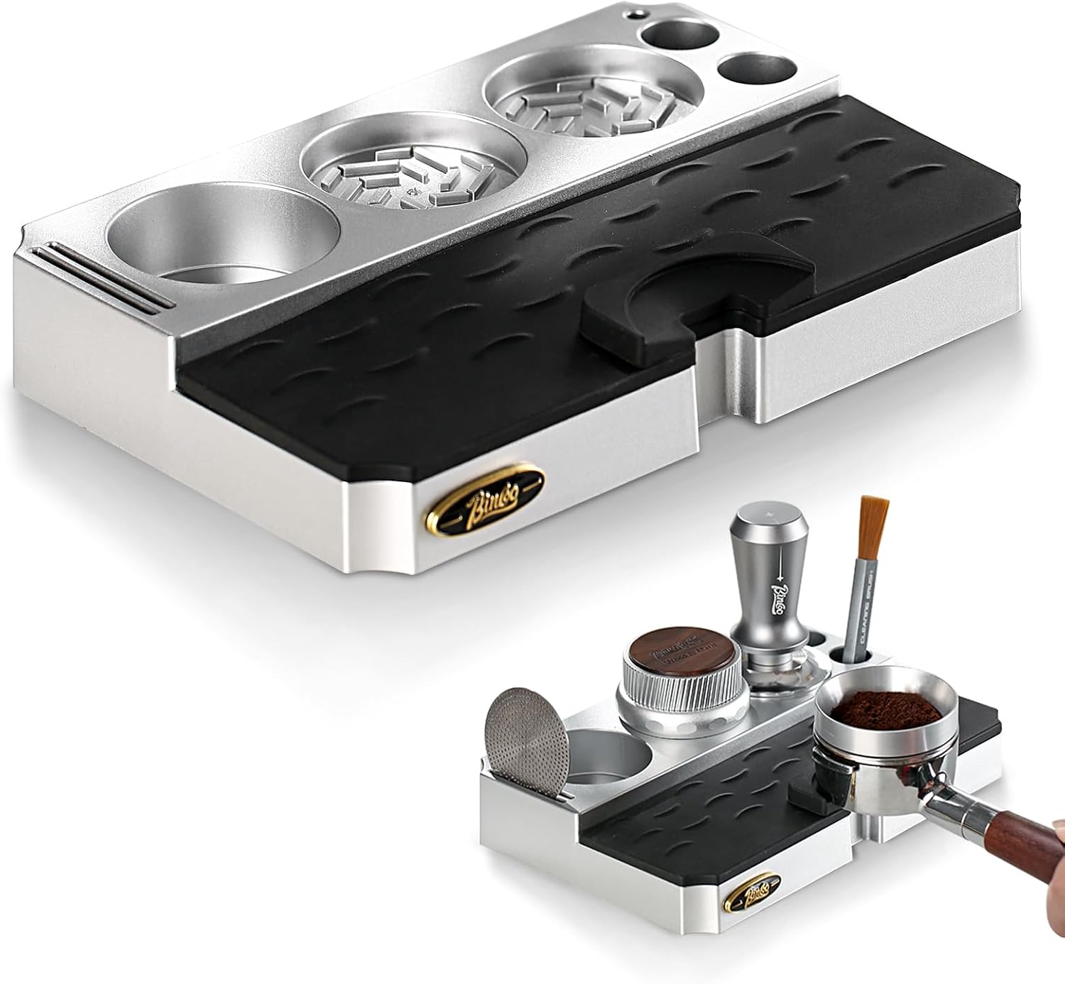 Bincoo Espresso Tamping Station – Lightweight Organizer with Removable Mat, Fits 58/54/53/51mm Portafilters, Tmaper, Non-Slip Base, Compact Coffee Bar Space Saver