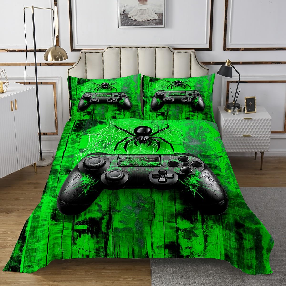 Manfei Gamepad Kids Bedspread King Size,Spider Web Halloween Theme Coverlet Set,Boys Girls Room Decor,Tie-dye Graffiti Videogaming Controller Quilted Coverlet,Green Bedding Quilt,2 Pillowcases