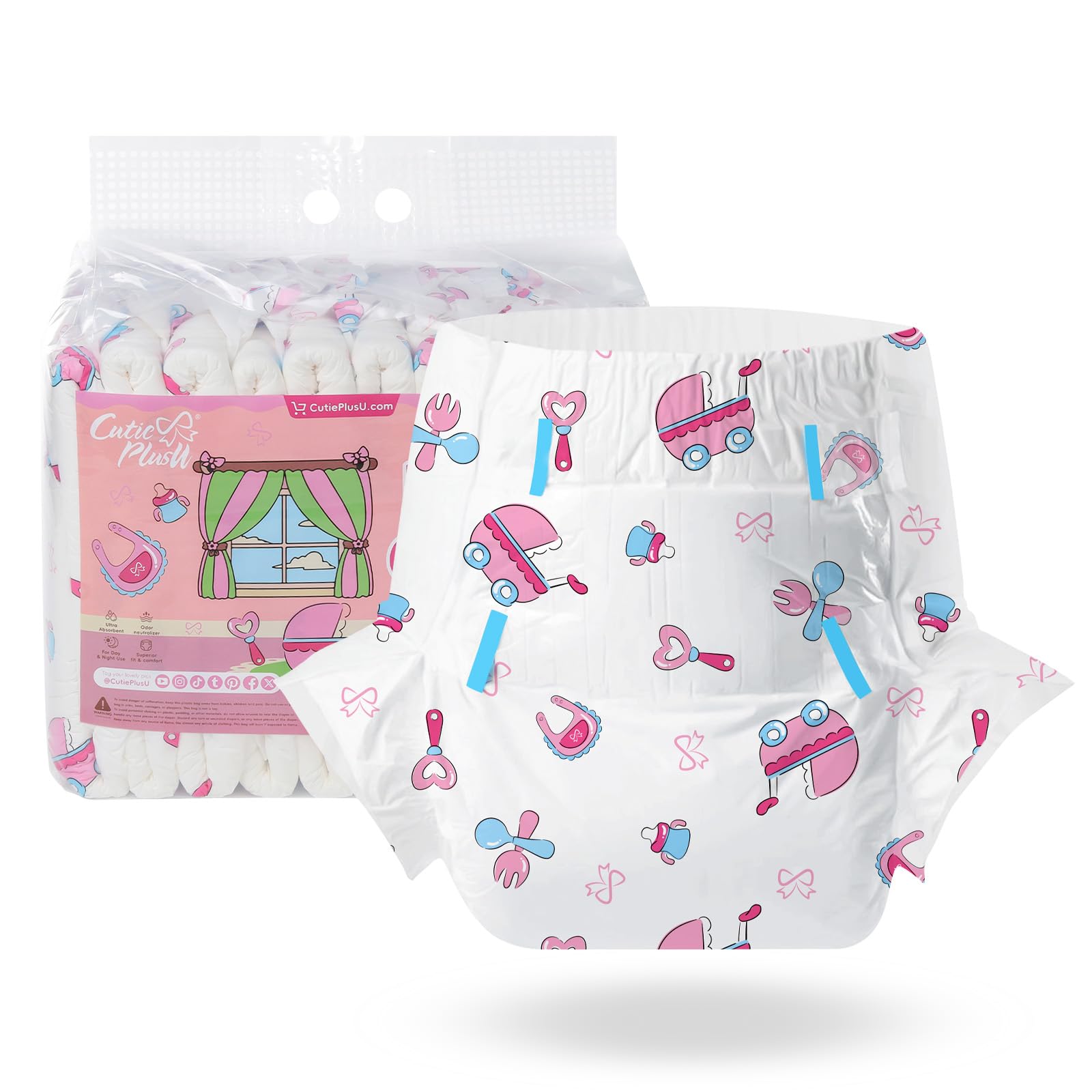 CutiePlusU Windeln für Erwachsene 10 Stück, Einweg-Inkontinenzslip mit Laschen für Frauen und Männer, maximale Saugfähigkeit über Nacht- Baby Dream (Groß 37"-47")