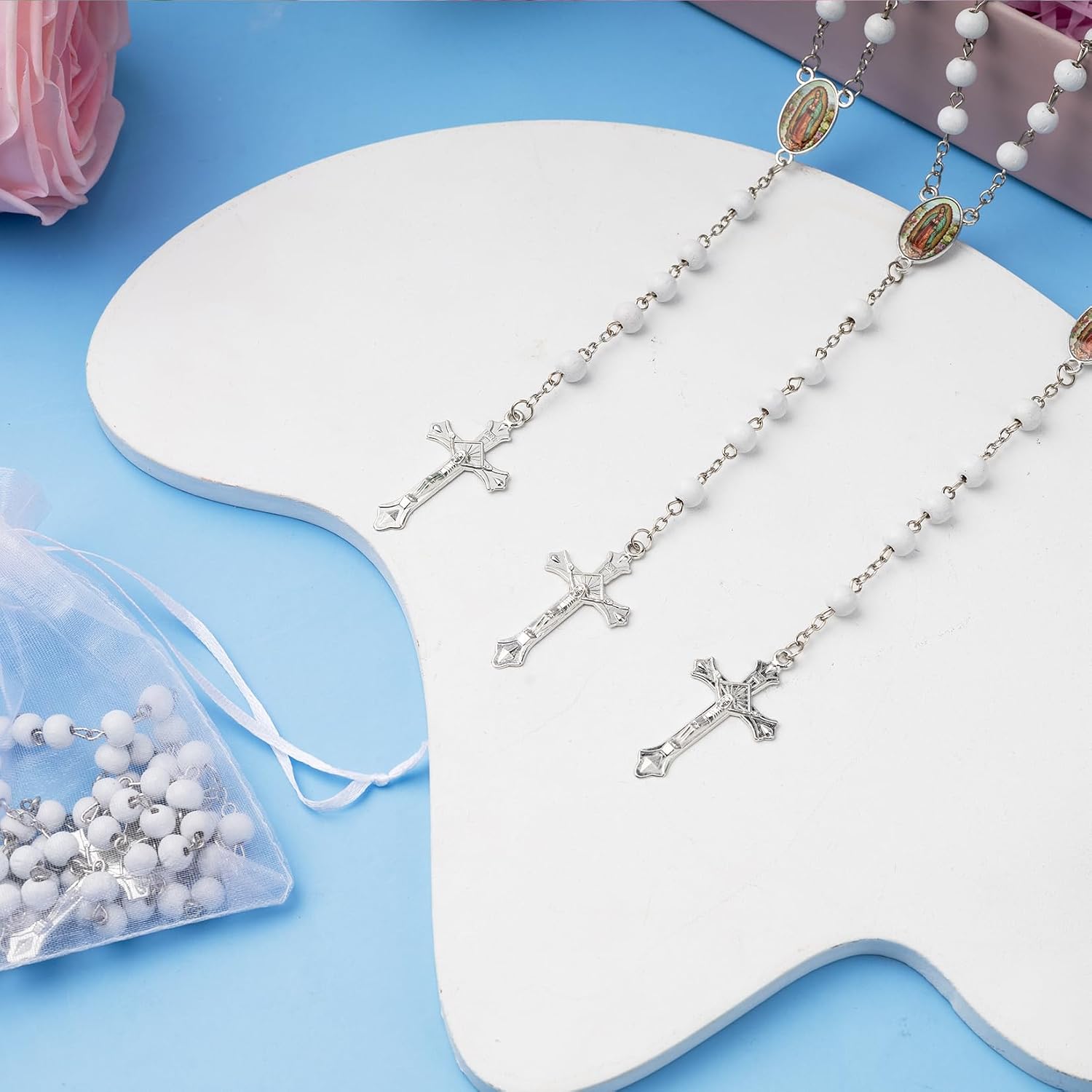 24 Pcs Silver Virgen Guadalupe Scented Rosary Baptism First Communion Party