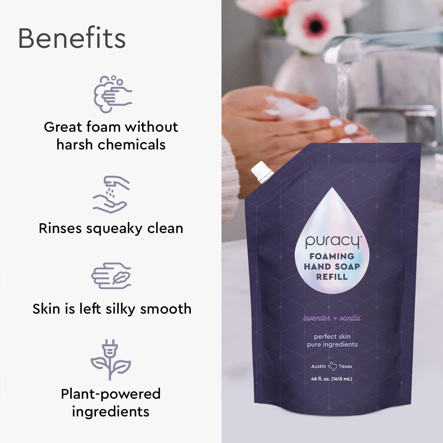 Puracy Foaming Hand Soap - Plant-Powered Natural Hand Soap As Seen on TikTok, Non-Toxic, Sulfate-Free Liquid Soap, Moisturizing Foam Handwash Liquid (Lavender & Vanilla, 48 oz, 2-Pack & 12 oz, 3-Pack)