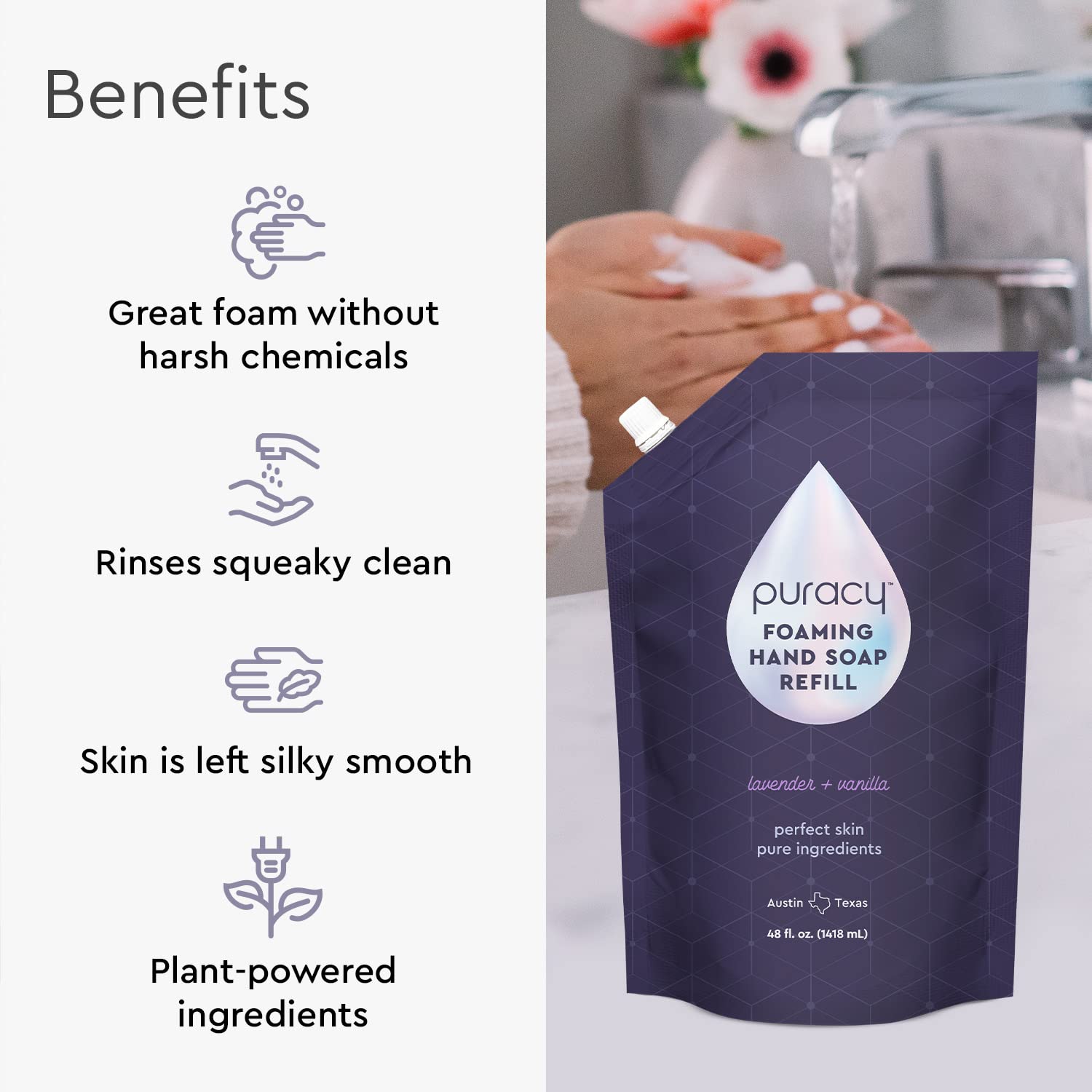 Puracy Foaming Hand Soap Refill - Plant-Powered Natural Hand Soap As Seen on TikTok, Non-Toxic, Sulfate-Free Liquid Soap, Moisturizing Foam Handwash Liquid (Lavender & Vanilla, 48 fl oz) - Image 3