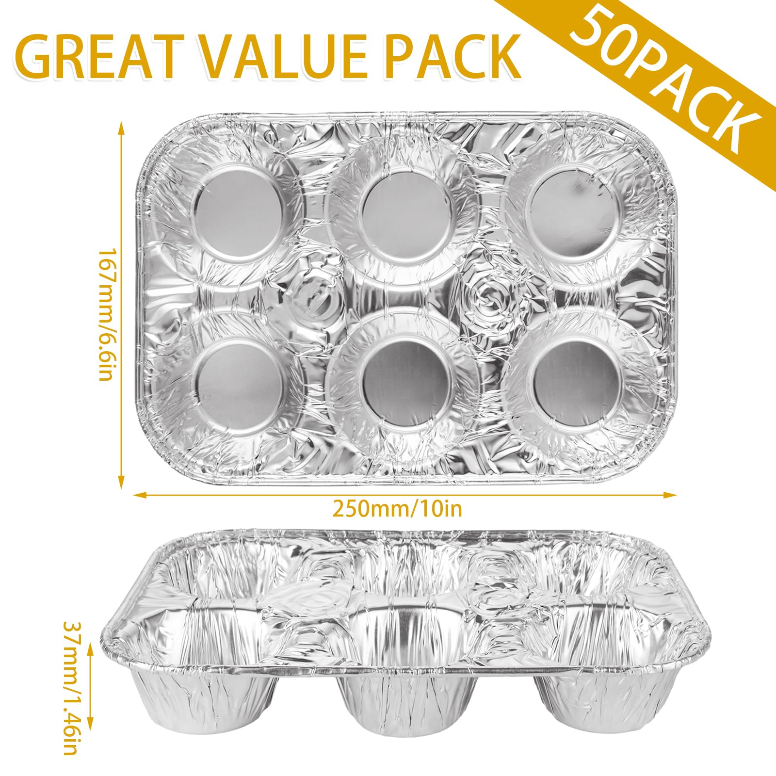 SENENQU Paquete de 50 moldes de papel de aluminio para magdalenas, capacidad para 6 magdalenas/magdalenas y moldes de papel de aluminio, moldes de tamaño estándar, molde desechable para hornear