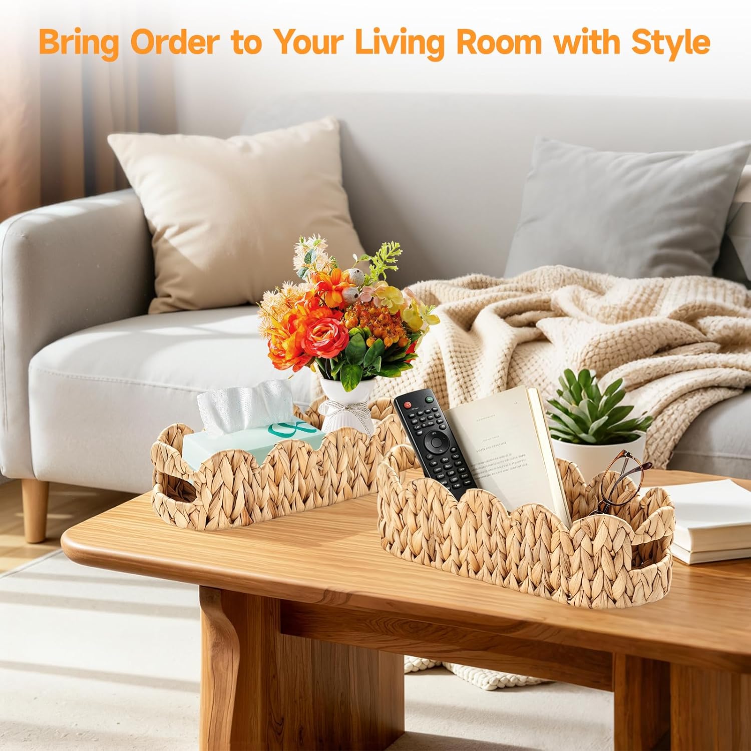 Small Nesting Scalloped Wicker Baskets, Bathroom Toilet Paper Storage Basket with Handles, Handwoven Water Hyacinth Toilet Baskets Tank Topper for Home Decor, Shelves, Living Room, 2 Pack
