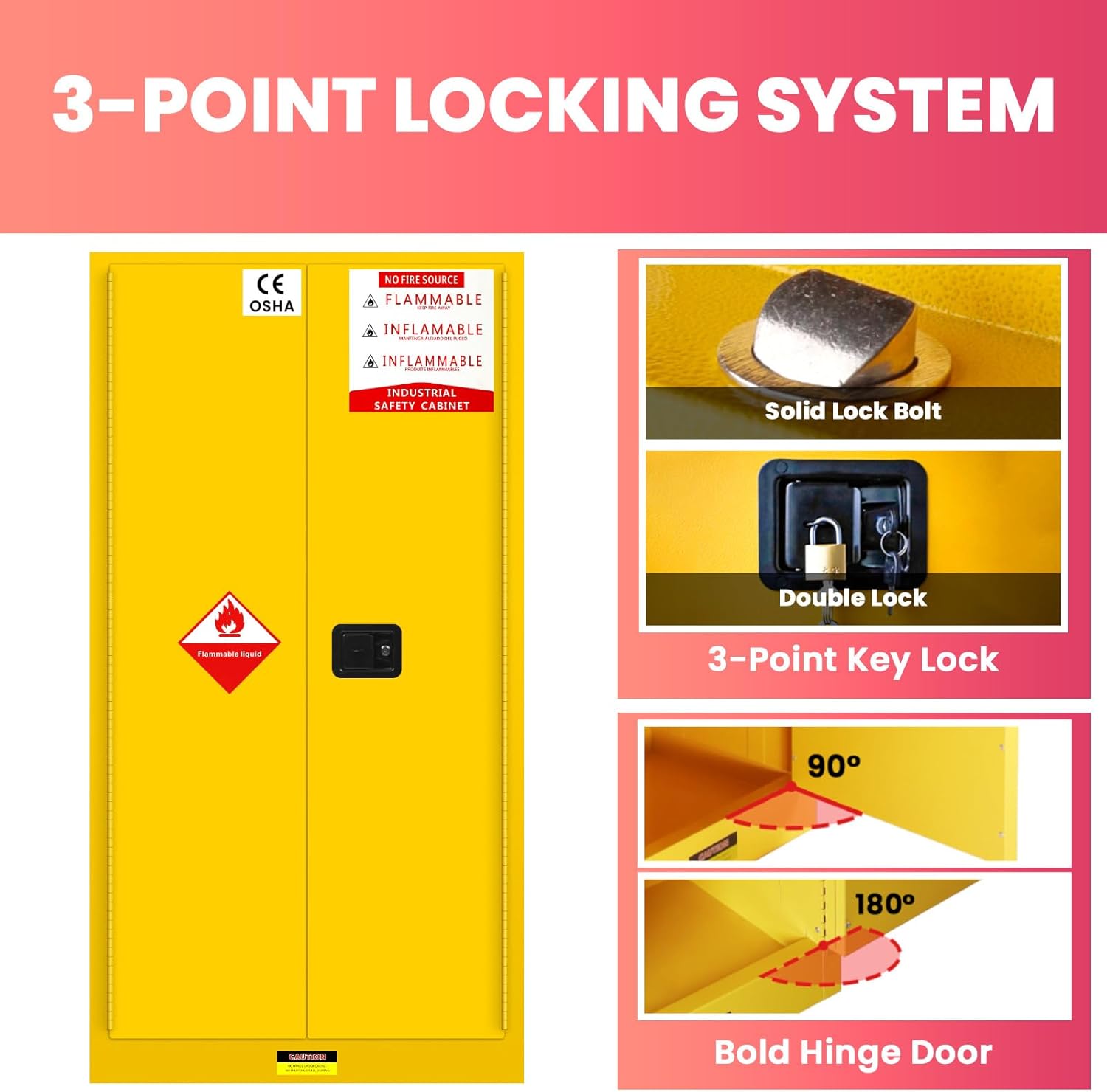 90 Gal Flammable Storage Cabinet（65"X35"X35"）, Heavy-Duty Galvanized Steel Flammable Safety Locker with Adjustable Shelf, for Home/Industrial/Commercial (Yellow)