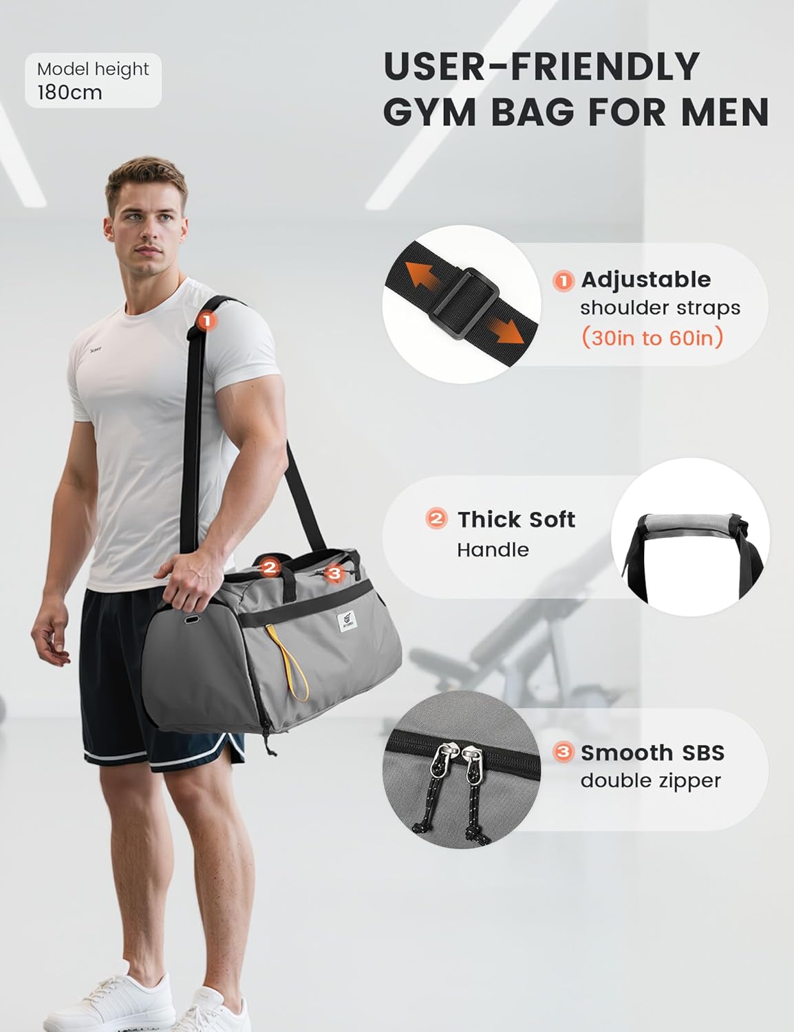 SKYSPER Gym Bag for Men & Women with Shoe Compartment, Carry-on Gym Duffle Bag for Travel and Sports, Workout Overnight Bag with Large Wet Pocket, Gray