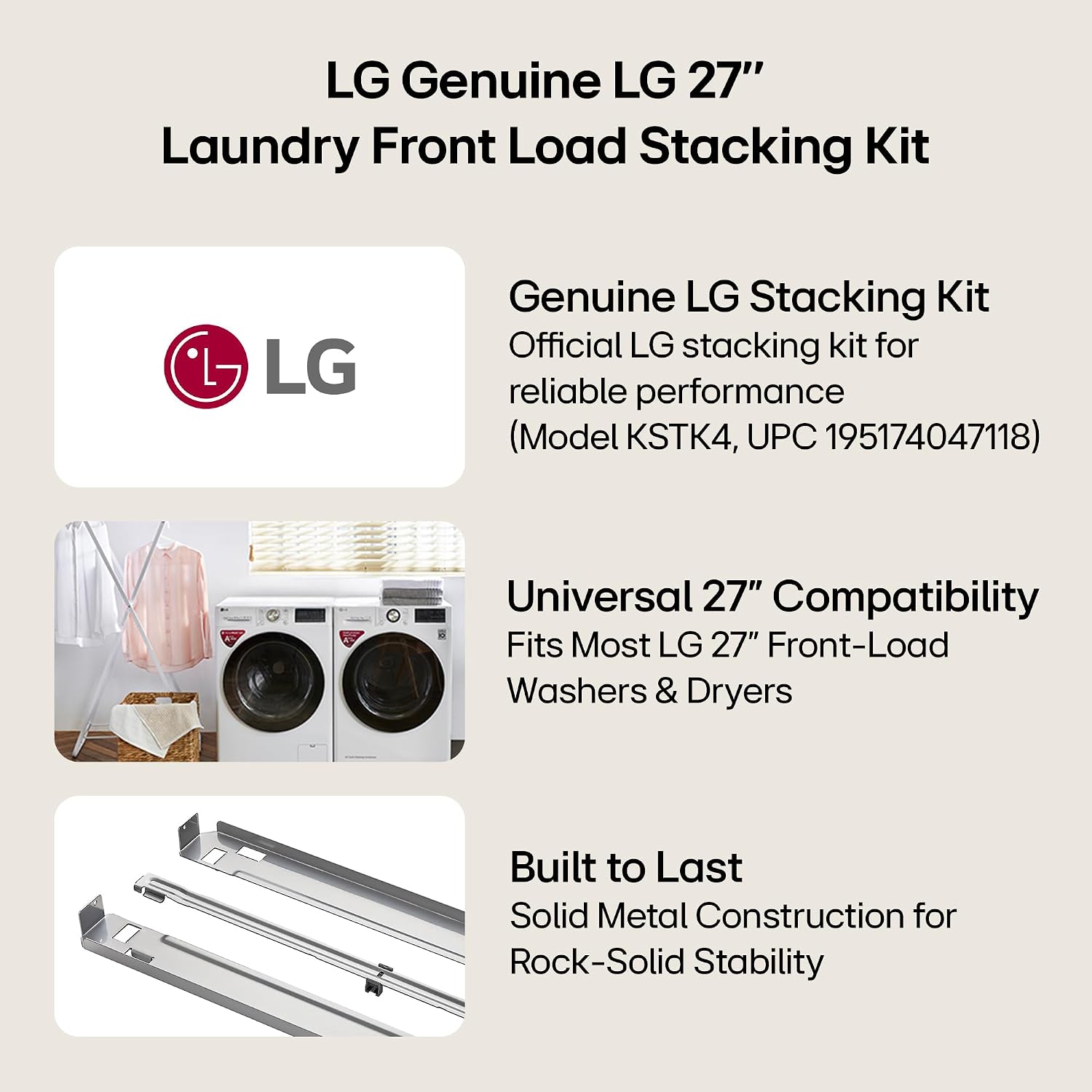 LG Genuine Washer Dryer Stacking Kit for 27-Inch Front Load Laundry Pairs (KSTK4) image 2