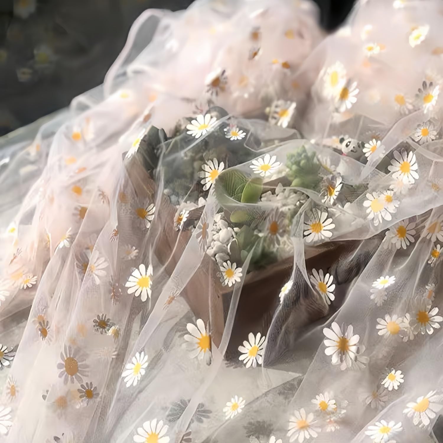 Poecuoa レースメッシュ レース生地 デイジー レース生地 メッシュ生地 花柄刺繍生地 ソフトチュール