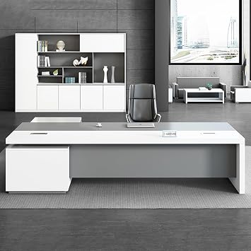 White L Shaped Computer Desk, Executive Office Desk with Lateral Cabinet, Writing Study Table Business Furniture Set for CEO Boss