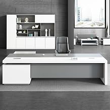 White L Shaped Computer Desk, Executive Office Desk with Lateral Cabinet, Writing Study Table Business Furniture Set for CEO Boss