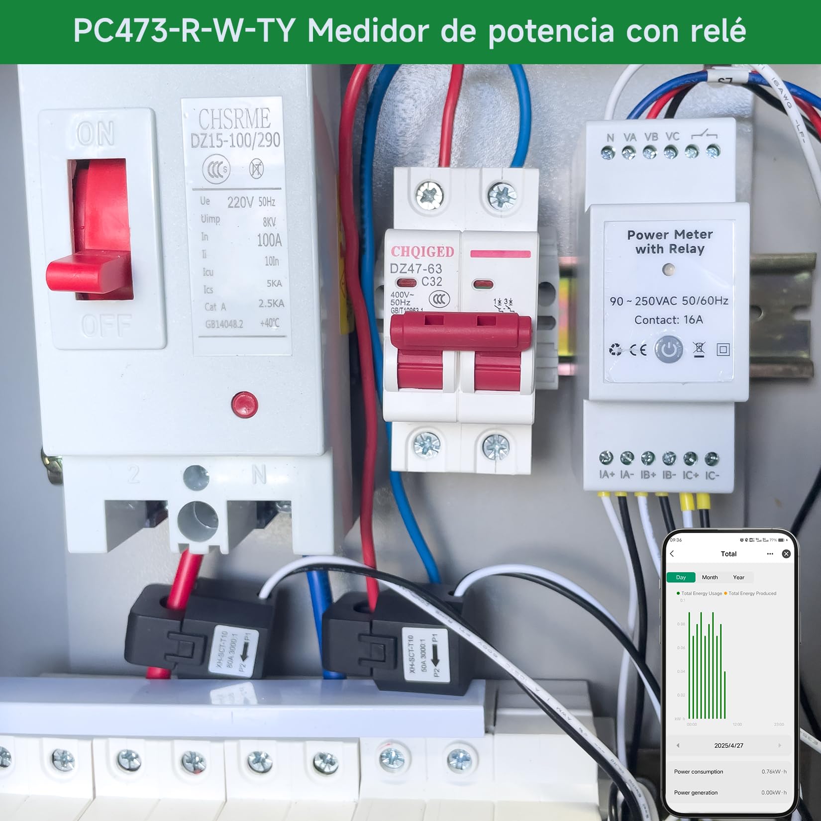 Monitor de potencia de riel DIN WiFi Tuya, 80A bidireccional, monofásico/3-fases, voltaje y corriente en tiempo real, control por Alexa y Google, protección contra sobrecargas