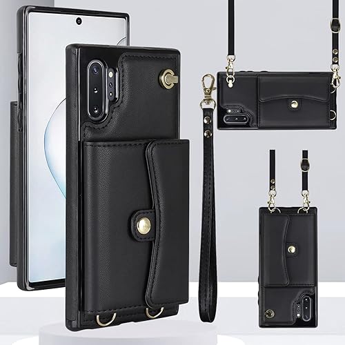 Asuwish Funda de teléfono para Samsung Galaxy Note 10 5G con bloqueo RFID, tarjetero de crédito, correa cruzada de muñeca, accesorios de cuero para
