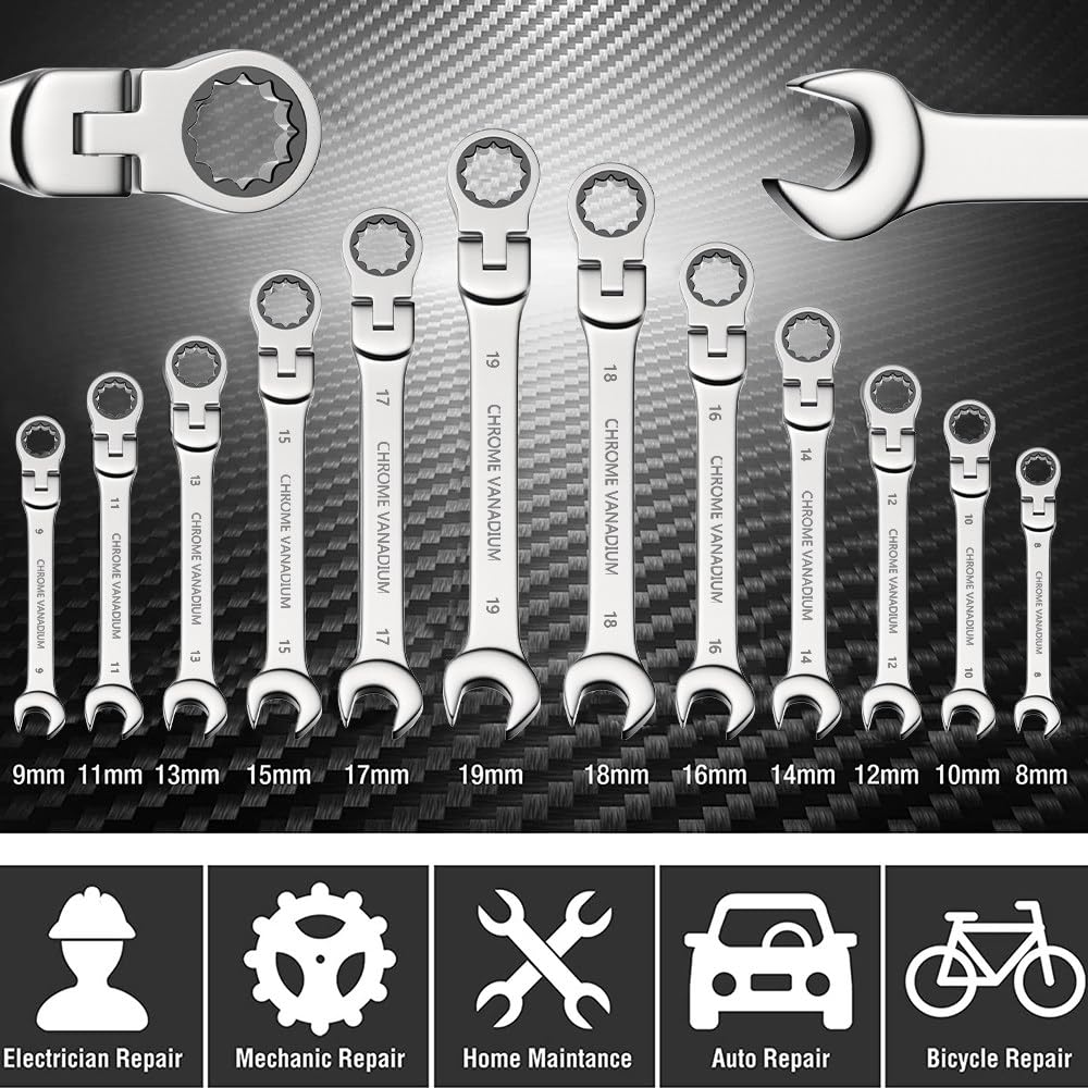 AKM TOOL Flexkopf-Ratschenschlüssel-Set – 27-teilig, Metrisch 8–22 Mm, Mit Aufbewahrungsbox