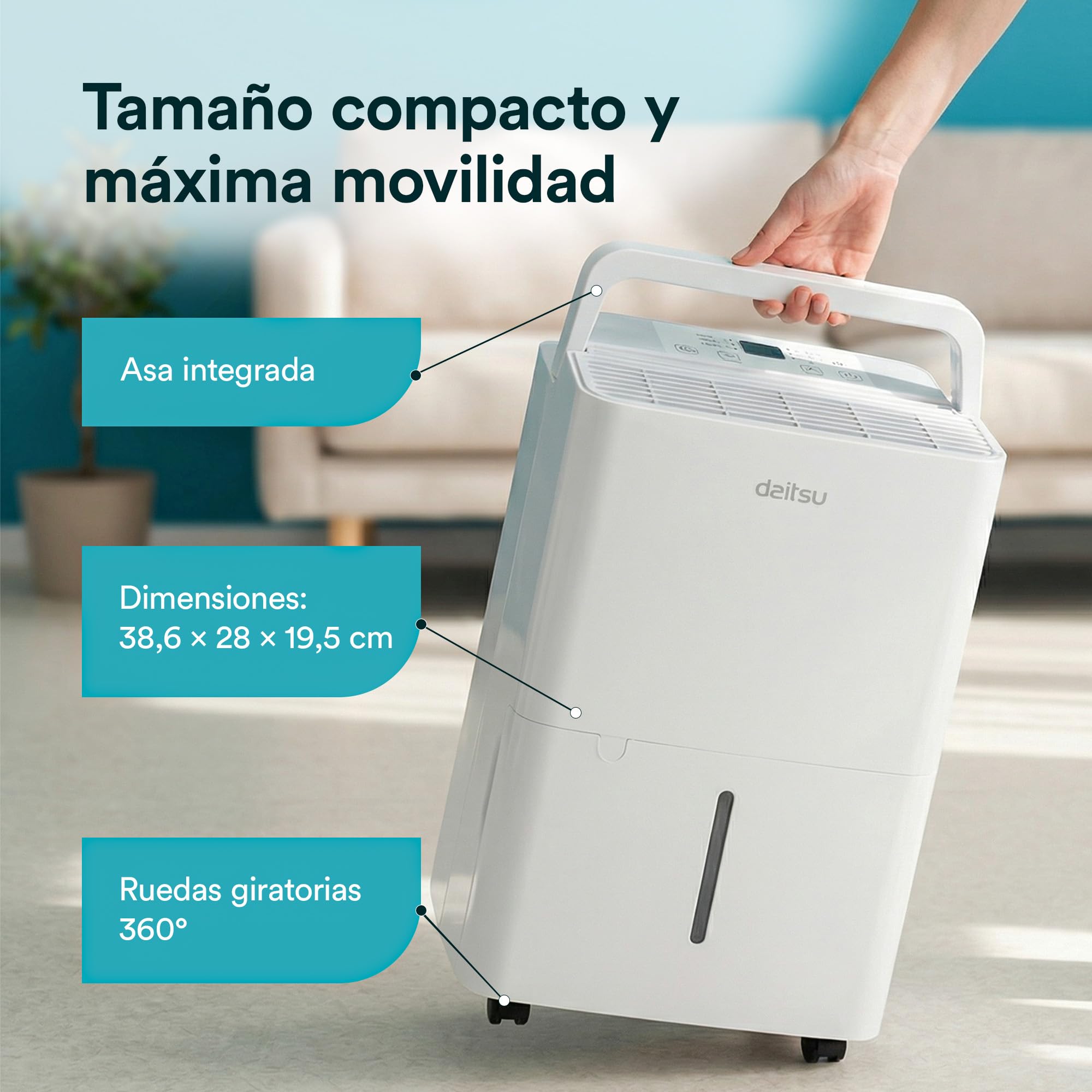 Daitsu Deshumidificador de Humedad 12L Silencioso | Modo Secado de Ropa | Control Automático de Humedad | Diseño Compacto y Bajo Consumo | Ideal para Hogar y Oficina | Eficiencia Energética Clase A