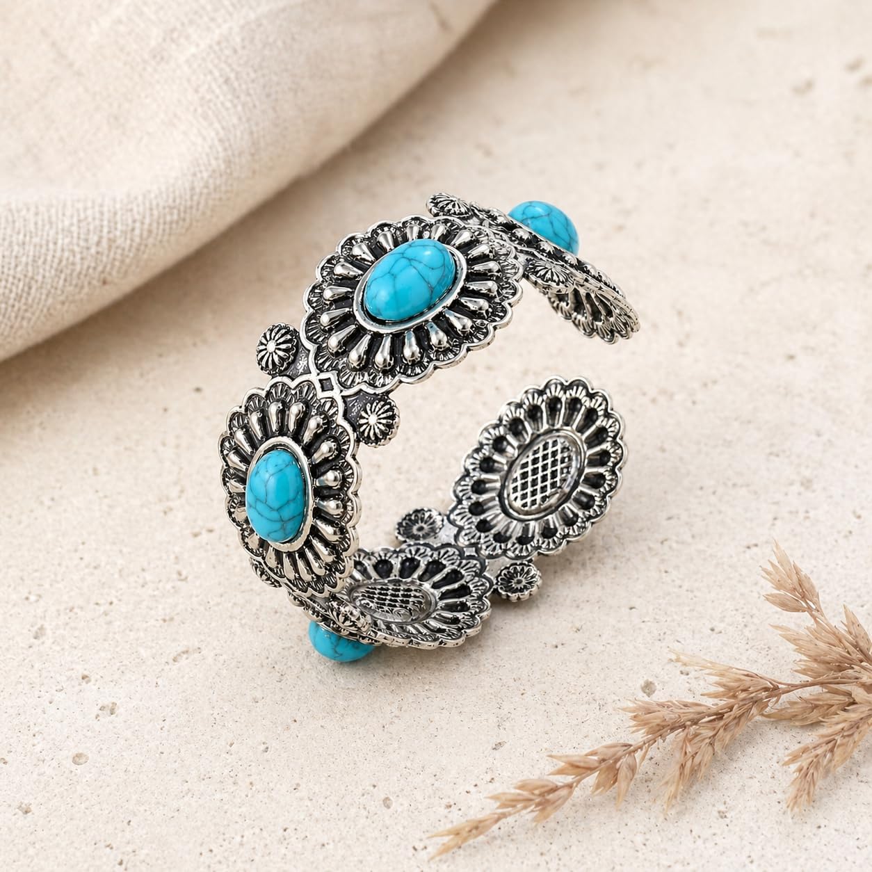 Western Cuff Bracelet for Women, Vintage Engraved Open Bangle with Turquoise Color Faux Stone Accent, Southwestern Cowgirl Country Jewelry Gift