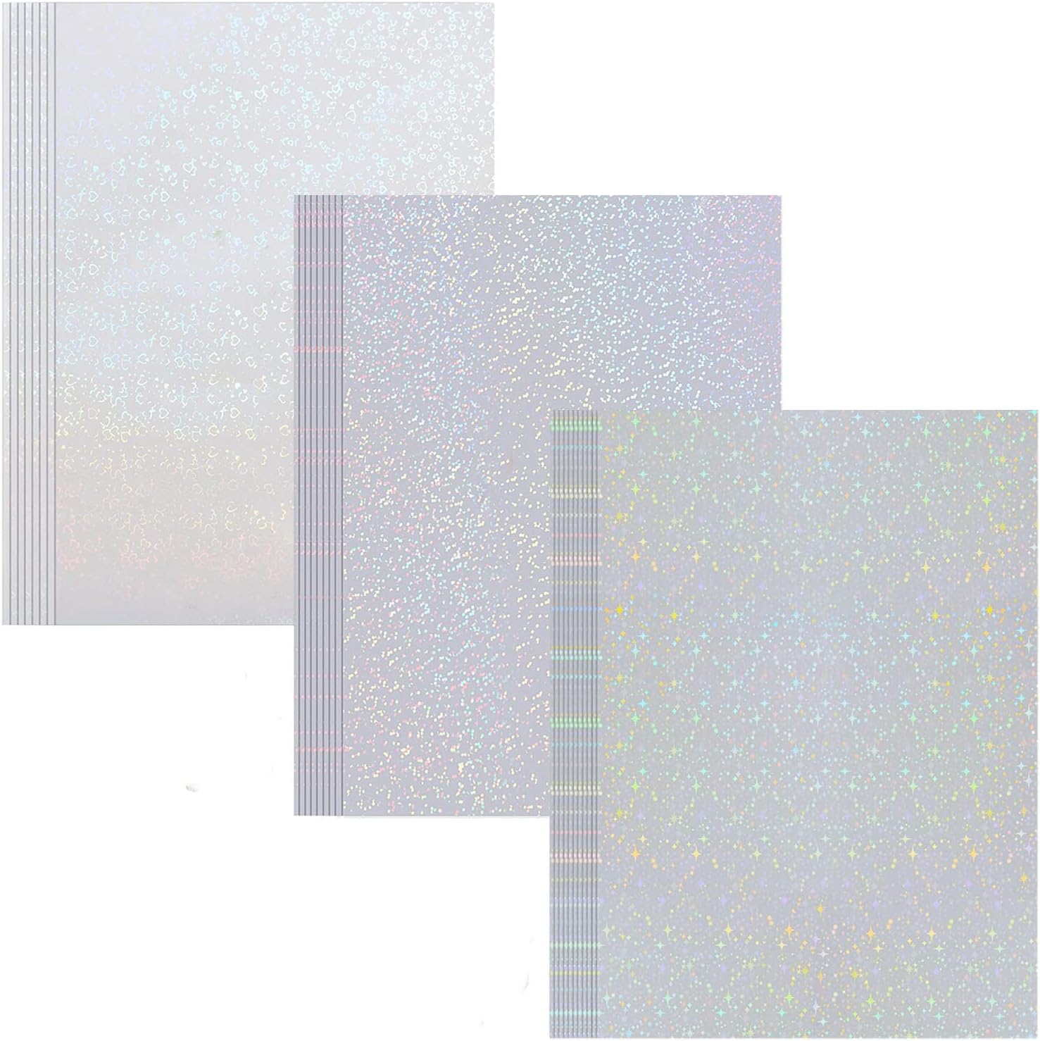 Holographic Laminate Sheets, Heart/Star/Dots Pattern 36 Sheets Ofeach, Transparent Holographic Sticker Paper Self Adhesive Laminating Sheets Vinyl Waterproof Overlay for Sticker Pape Photo 8.5x11 inc