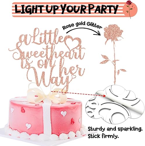 Miniatura 6 de Decoración para tartas con purpurina de oro rosa con texto en inglés "A Little Sweetheart is on Her Way", "Our Little SweetheartOh BabySweet Baby