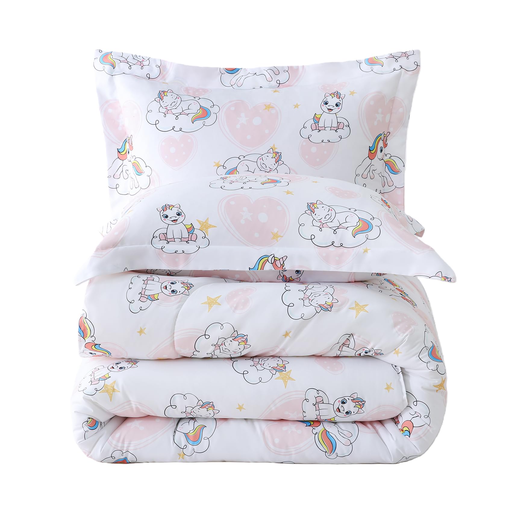 Yibeizi Kids Unicorn Full Bed Comforter Set Pink Heart Bedding