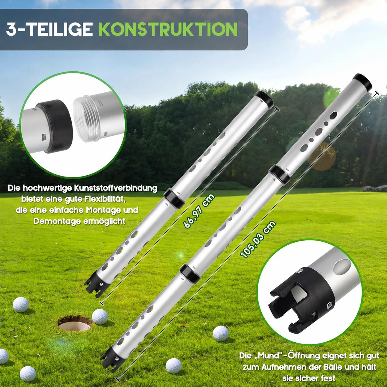Golfball Sammler Teleskop Aluminium, 3-teiliger Golfball Retriever mit Aufbewahrungstasche, zerlegbar bis 26,36 Zoll, Kapazität bis 25 Bälle, leichter & stabiler Ballpicker für Golfplatz Training
