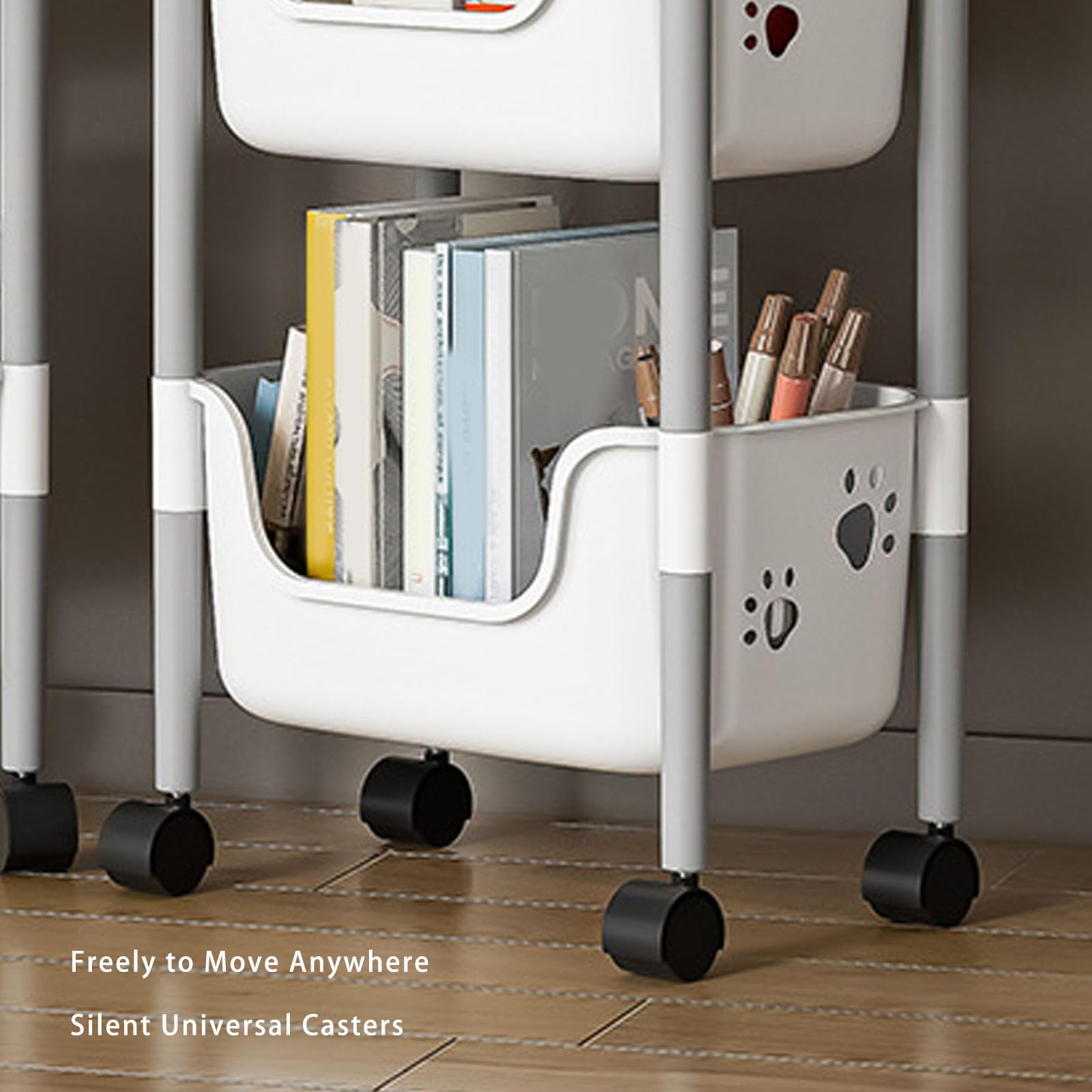 Carrello multiuso con ruote a 3 livelli, adorabile organizer in polipropilene a forma di orso, per cucina e camera da letto (3 strati, bianco e grigio)