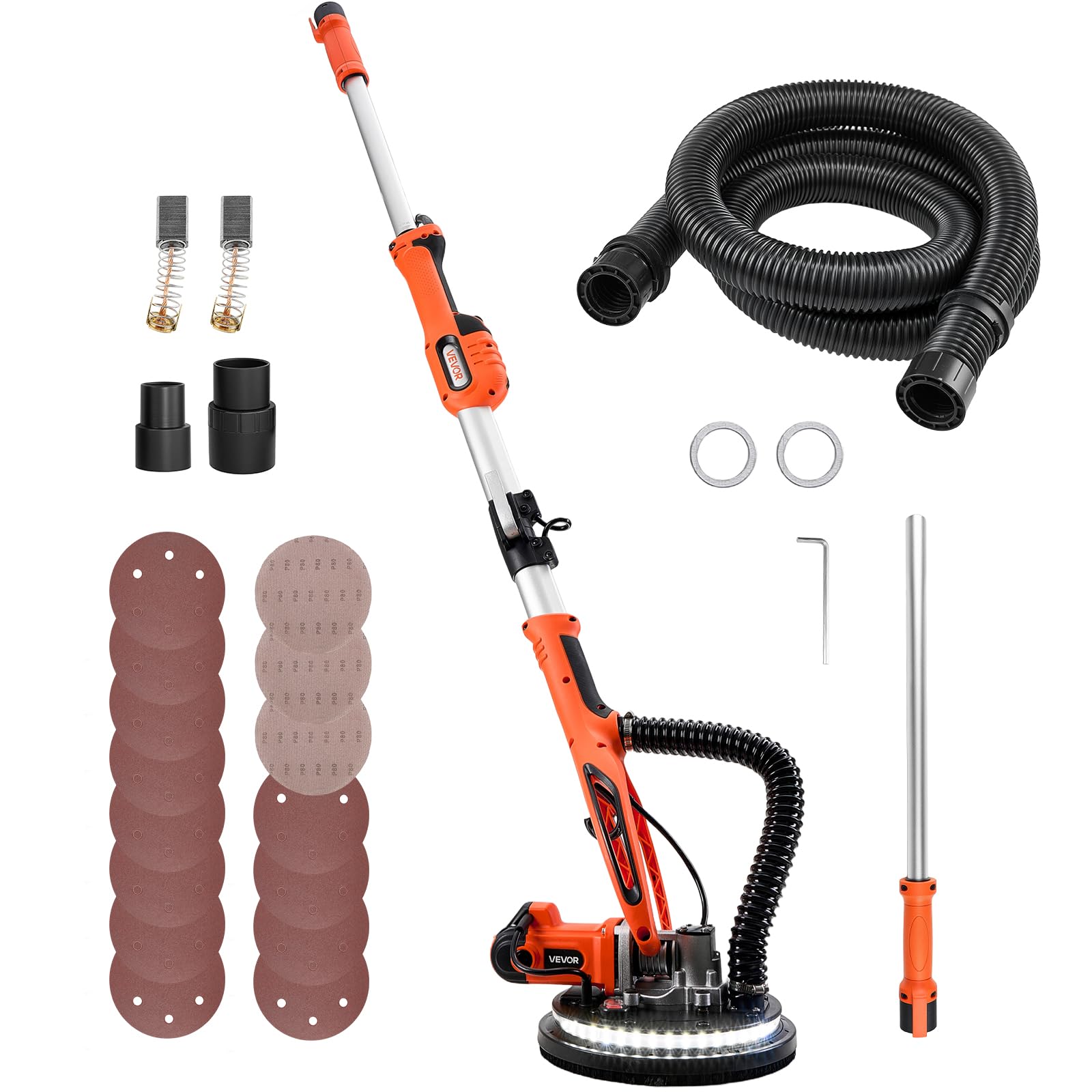 VEVOR Ponceuse Girafe 850 W Ponceuse Mur et Plafond Tuyau d'Aspiration pour Plaques Plâtre Cloisons Sèches Plaquiste, 800-1700 tr/min, Éclairage LED, Poignée Télescopique Pliable, 15 Disques Ponçage