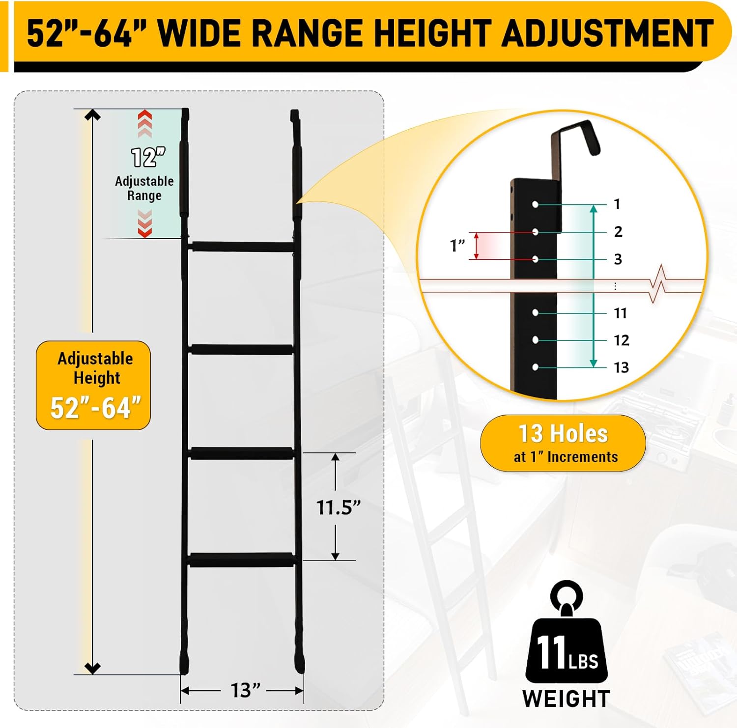Bunk Bed Ladder, 52"-64" Height Adjustable RV Bunk Ladder with 4 Wider Anti-Slip Steps, Heavy Duty Bunk Bed Stairs Only for Dorm, Loft Bed, Camper, Trailer, Bunkhouse, Ladder for Bunk Bed Load 350 LBS