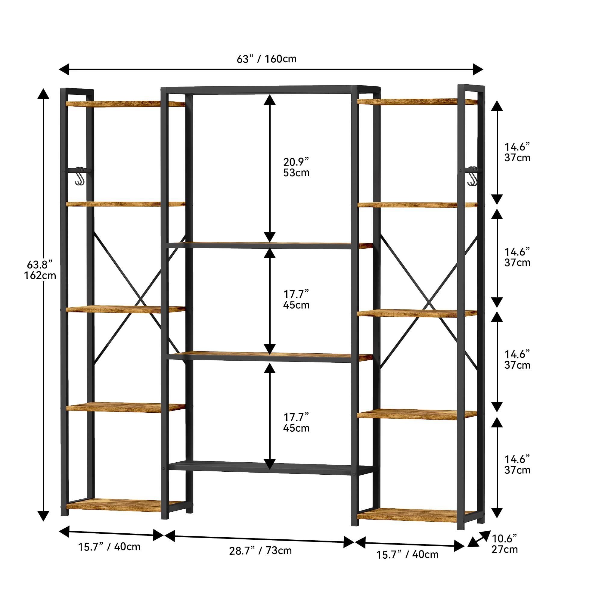 DWVO Libreria alta e ampia, libreria industriale con 13 ripiani, scaffale in legno e scaffale per libri in metallo, espositore per soggiorno, casa, ufficio, marrone rustico