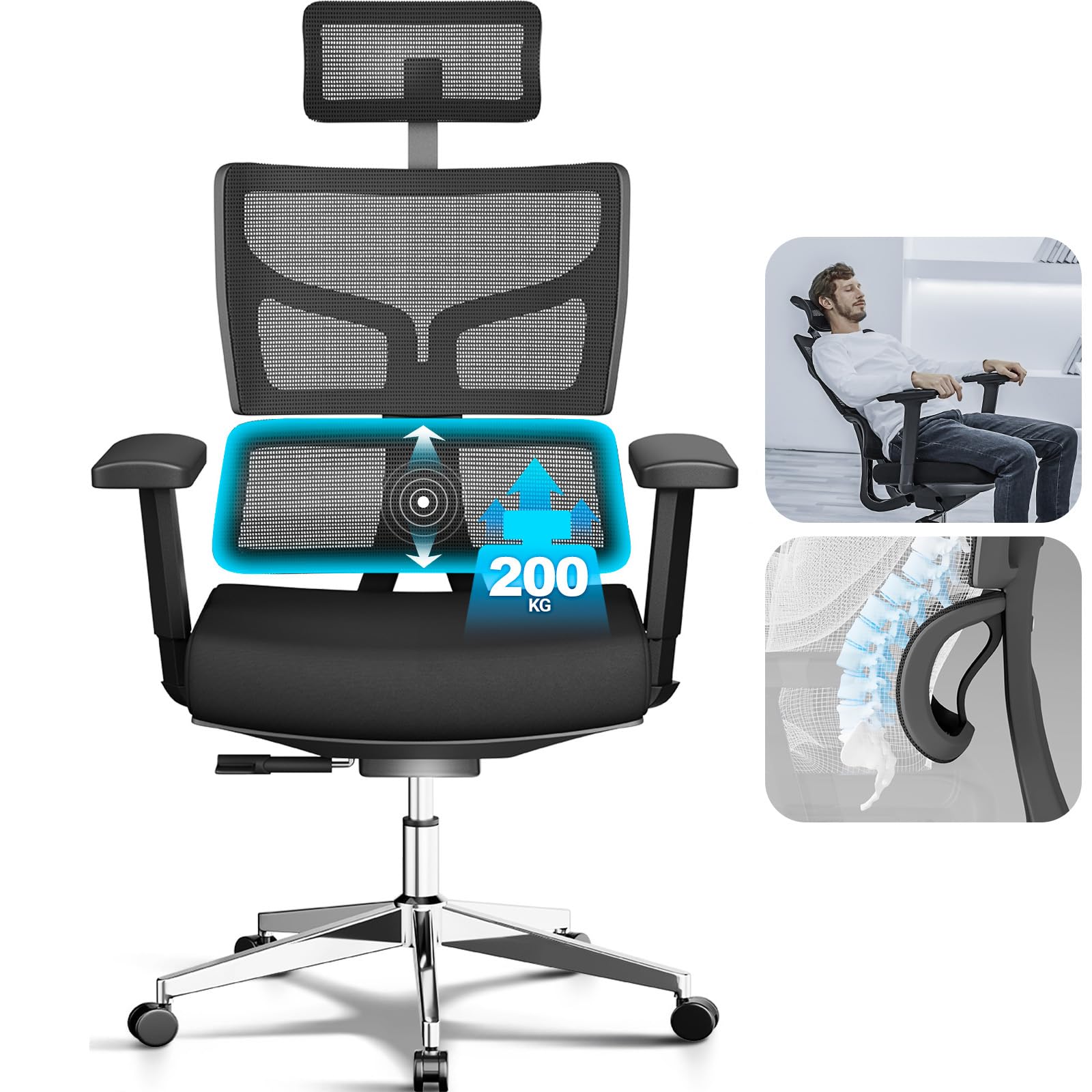 MELOKEA Bürostuhl 200kg, 3-Stufen-Verriegelung, Bürostuhl Ergonomisch XXL, Breiter und Großer, für Körpergröße 160-202 cm, 3D Breit Armlehnen, Dynamische Lendenstütze, Schreibtischstuhl XXL