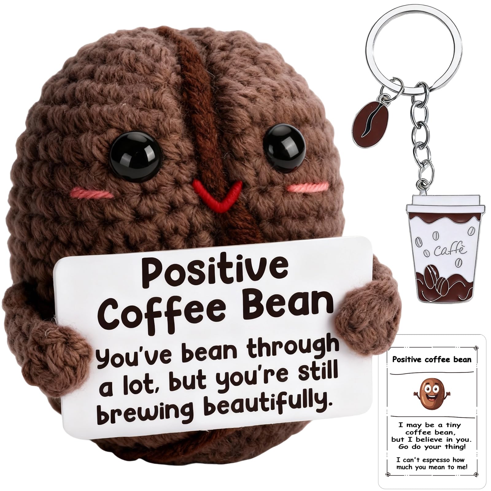 Vspek Emotion Support Coffee Bean, Funny Positive Gift, Handmade Crochet Doll with Card, Coffee Charm Keychain, Encouragement Present, Birthday Gifts for Him, Her, Friend, Coworker, Home Office Decor โ image 1
