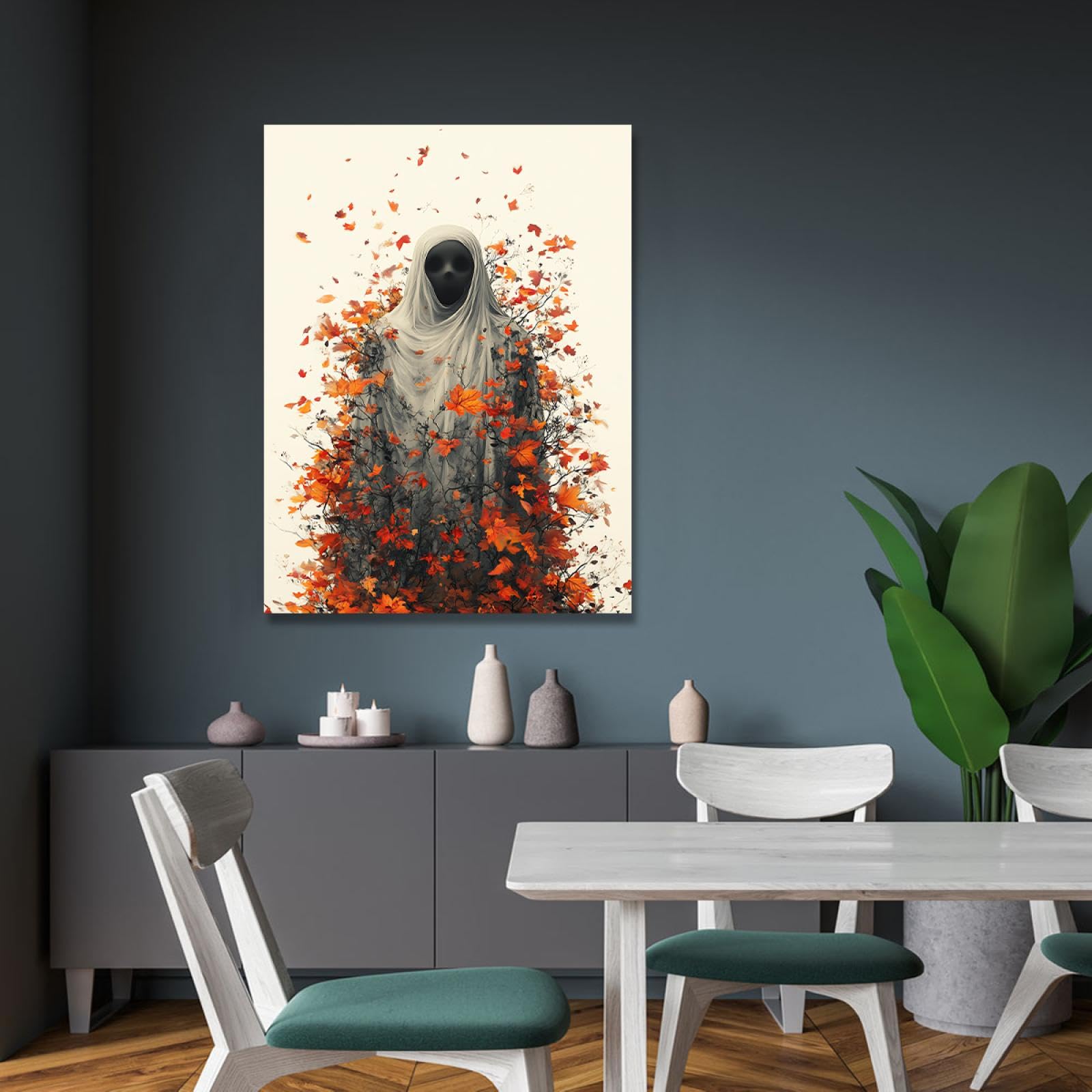 Via Vela horreur décor style impression sur toile art mural abstrait nature sauvage orange feuilles d’érable et mystérieux fantôme affiche peinture pour café décor 60x90cm cadre intérieur