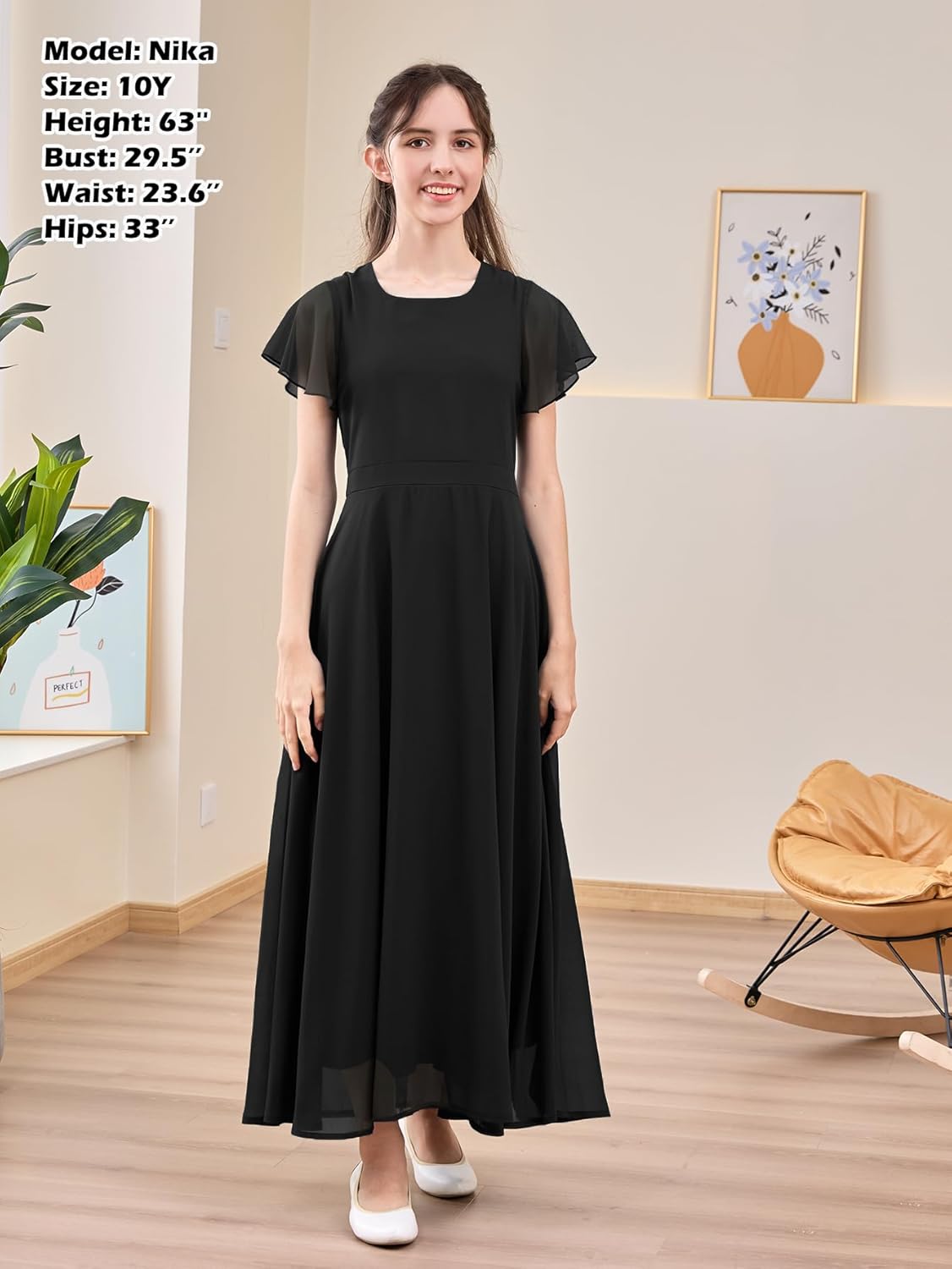 GORLYA Girls Scoop Neck Ruffle Sleeve Vintage Elegant Flowy Wedding Party Long Maxi Chiffon Dress 10-16Y - Image 4
