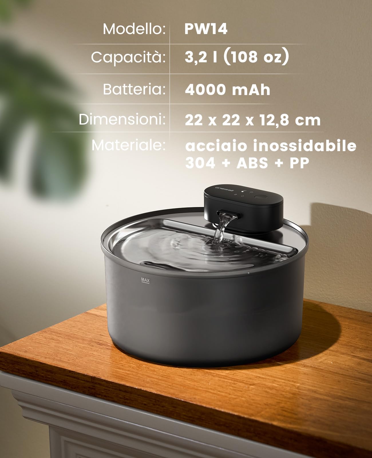 oneisall Fontana per gatti senza fili da 3,2L, fontana con sensore | ultra silenziosa a 20dB, batteria ricaricabile da 4000mAh, vaschetta in acciaio inossidabile, pulizia senza sforzo, senza BPA