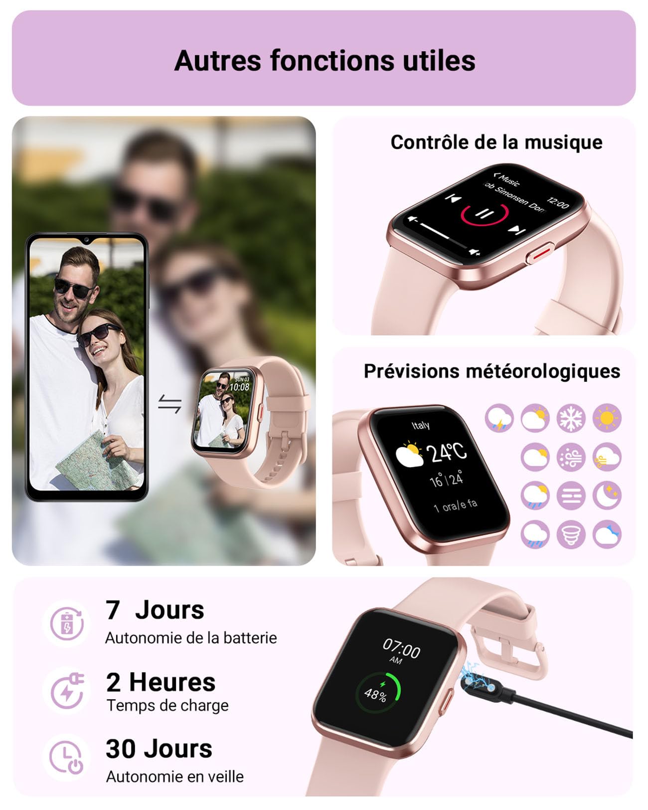 Montre Connectée Femme, 1,85" Homme Smartwatch pour Samsung iPhone Android, Alexa intégrée 3ATM 100+ Modes Sportifs Moniteur de SpO2/Sommeil/Fréquence Cardiaque/Podometre/Calories Rose
